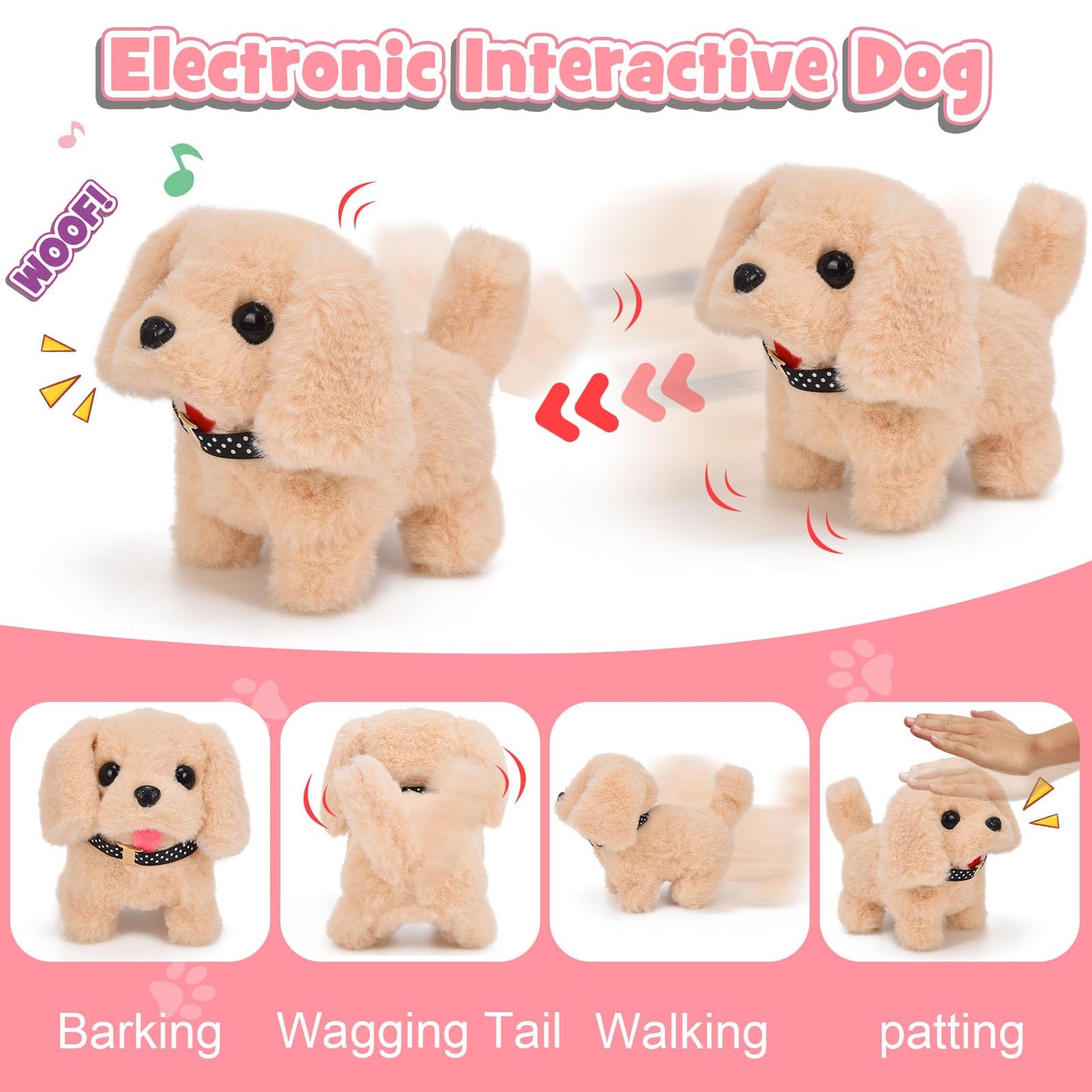 Tacobear dog toy that walks, barks, and wags its tail. Electric plush dog with leash, dog cage, interactive pet, stuffed animal gift for kids, girls aged 3-6 years.