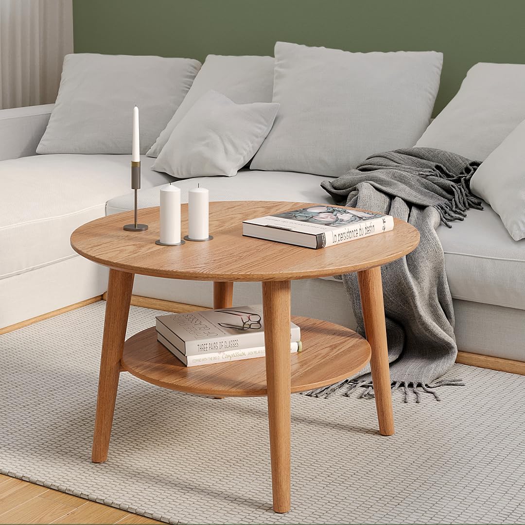 Skølm Mjölnir coffee table round - living room table wood - high-quality side table for living room - coffee table made of solid oak wood, dark oiled natural - sofa table with shelf - coffee table Ø70 cm.