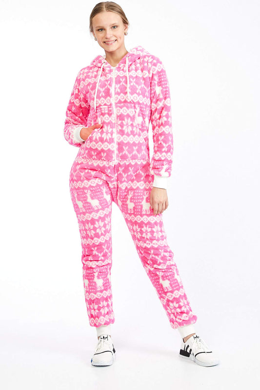 Teddy fleece teddy fur jumpsuit fluffy and cozy one piece overall warm (Pink(2910), S~36)