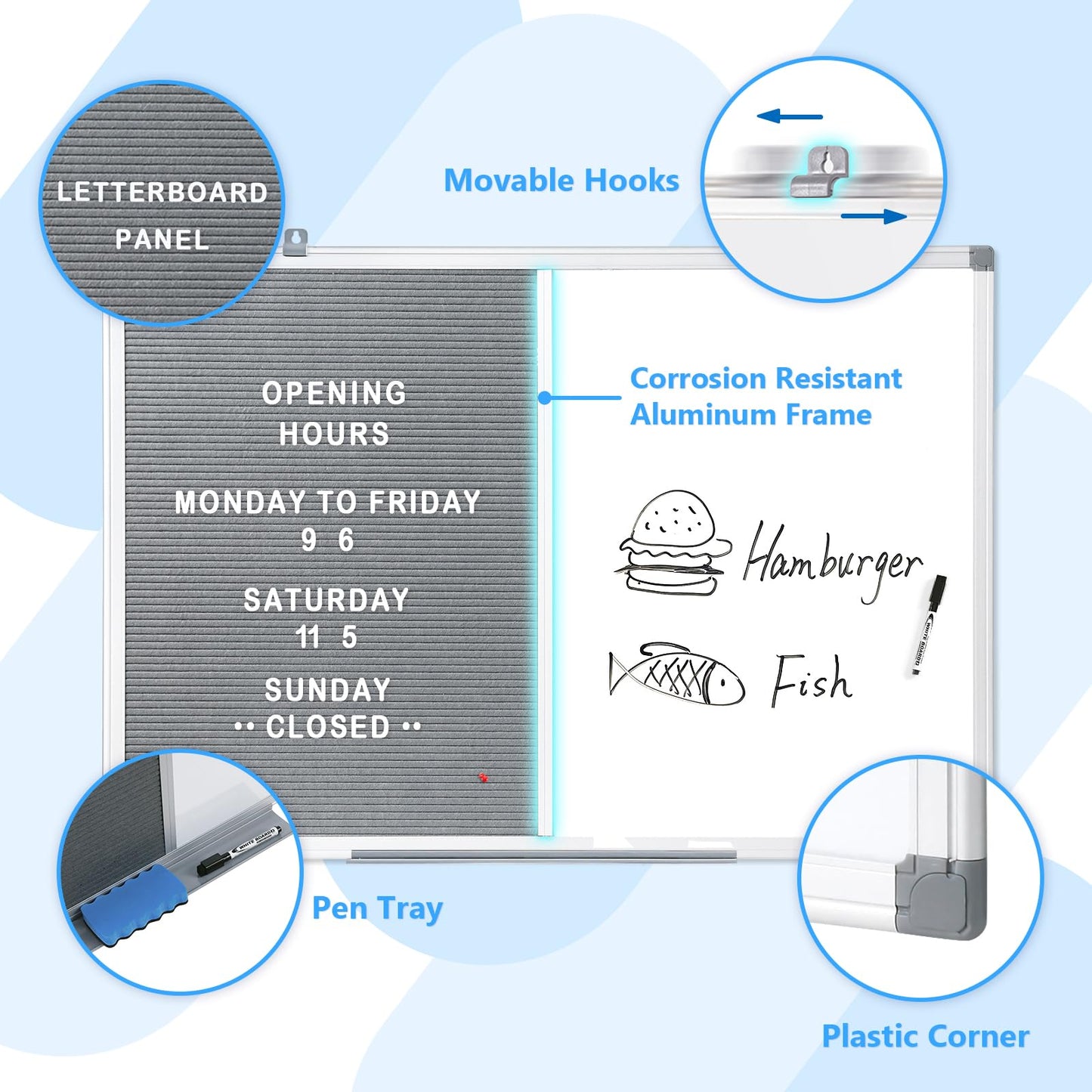 MAKELLO Magnetic Whiteboard with Pinboard - Felt Letter Board 60x45 cm, Memo Board for Kitchen, Home, and Office - includes Marker, Pins, Letters, Magnets