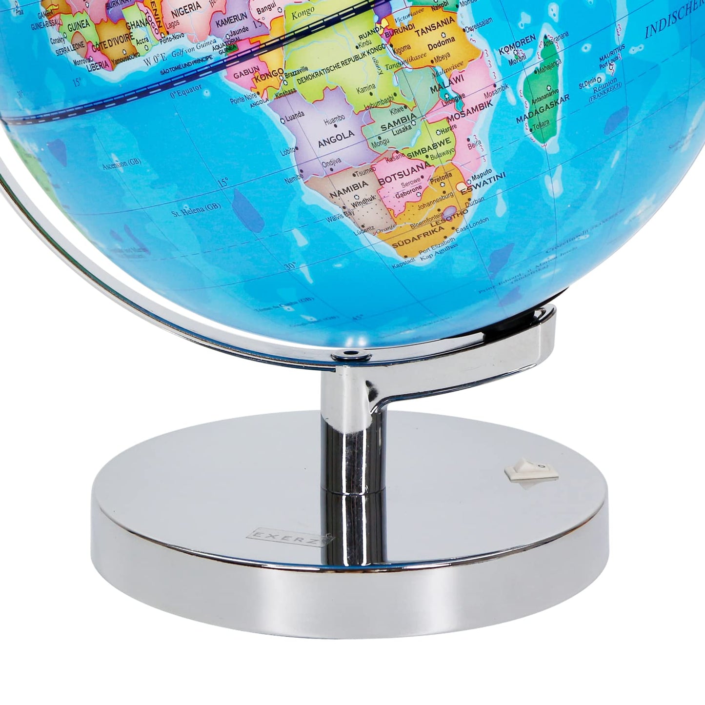 23cm illuminated globe with metal base - German map - student globe with cable-free LED lighting - political map (daytime) - constellation of stars (night)
