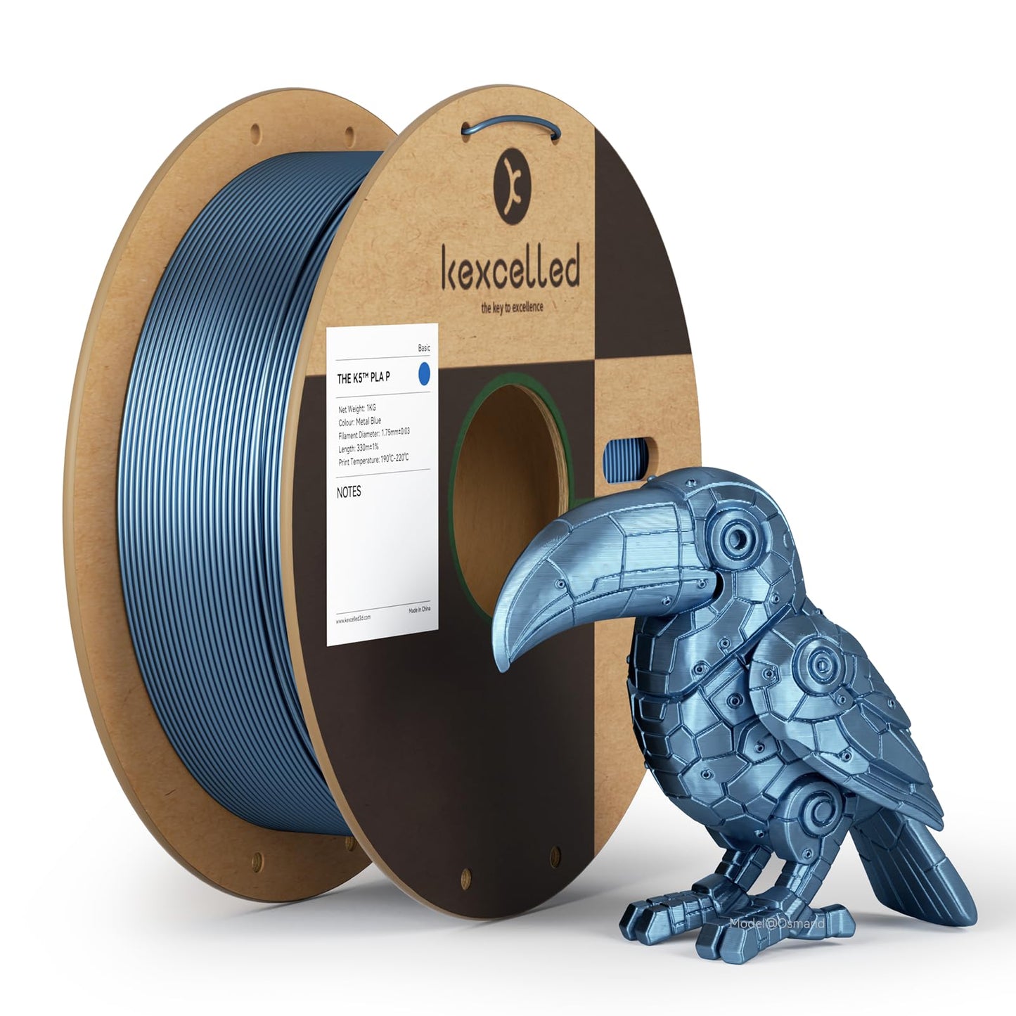 Kexcelled PLA Metallic 1.75mm, silk metal 3D printing filament PLA+/-0.03mm, metallic surface, carton roll, 1kg spool (2.2lbs), glossy, for FDM printers, blue.