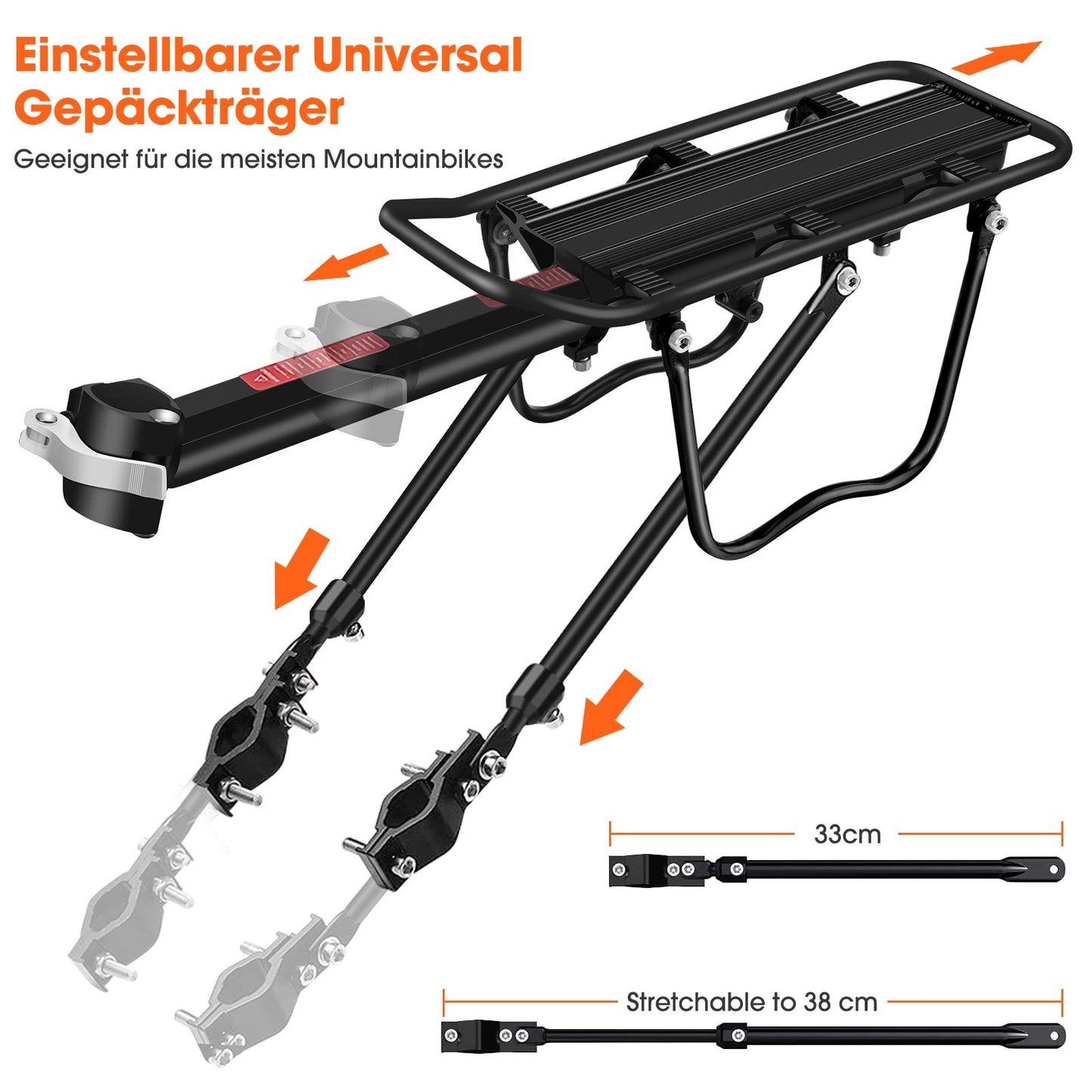 Bike rack 24-29 inch, Adjustable mountain bike luggage carrier, Universal lightweight aluminum alloy bicycle rack with a maximum load capacity of 100kg, Rear rack with reflector.