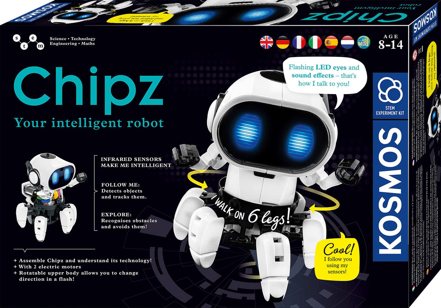 COSMOS 617127 Chipz - Your smart robot, with multilingual instructions, for kids aged 8-14, follows movements, avoids obstacles, light and sound effects, robot toy