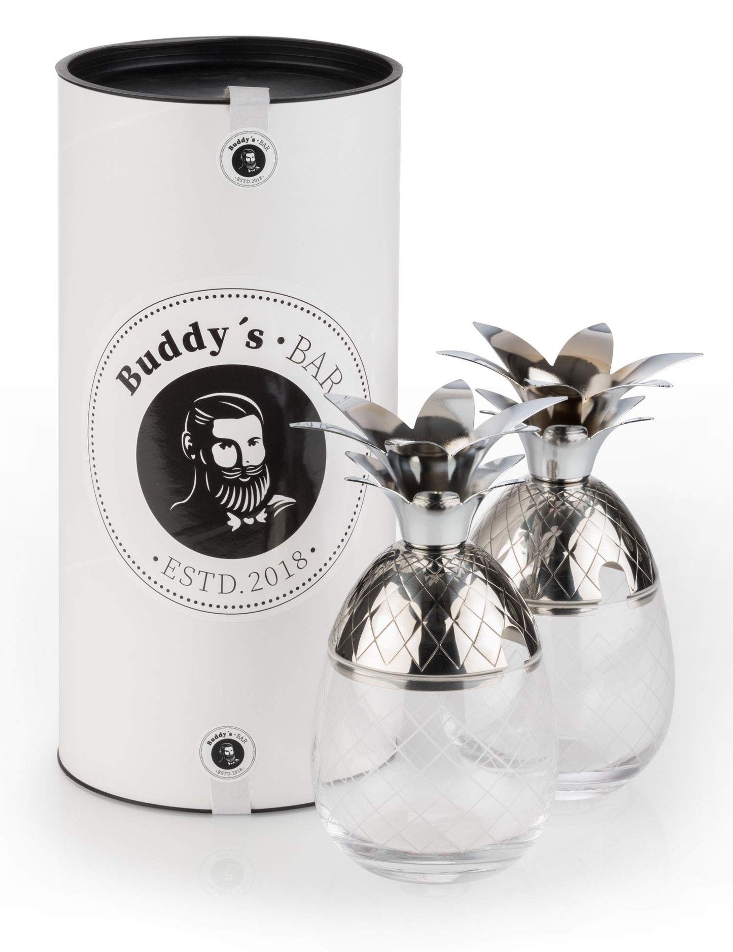 Buddy's Bar - 2 Pineapple Cocktail Mugs, 350 ml, Pineapple Mug, high-quality stainless steel with glass element, food-safe, cocktail mugs with gift box, 2 pieces, stainless steel/glass.
