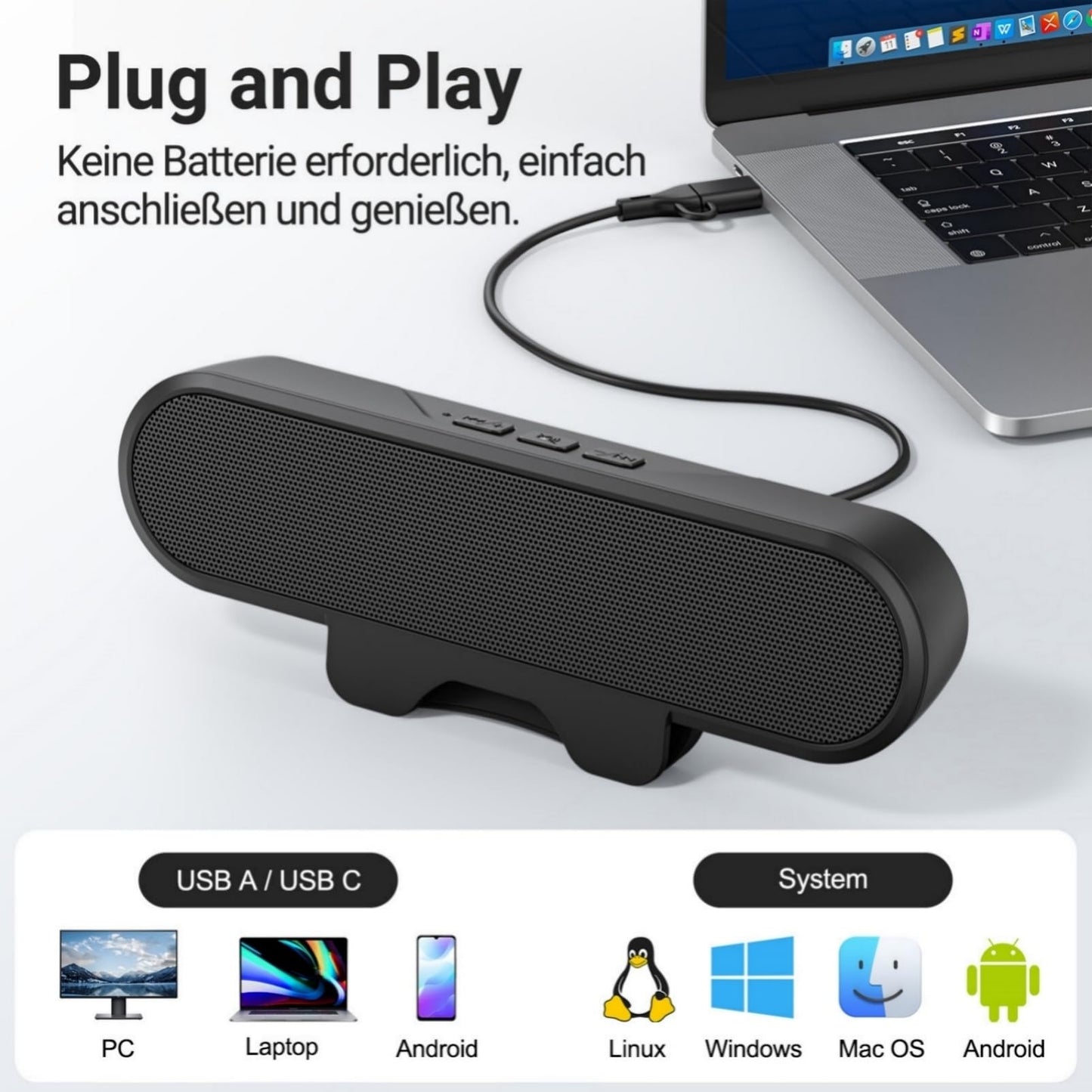 Inwa PC speakers, USB monitor speakers with clip-on, 10W with HD stereo sound, clip onto 0.1-1.1' monitor, for PC monitor, laptop, mobile, desktop, outdoor, plug and play (black)