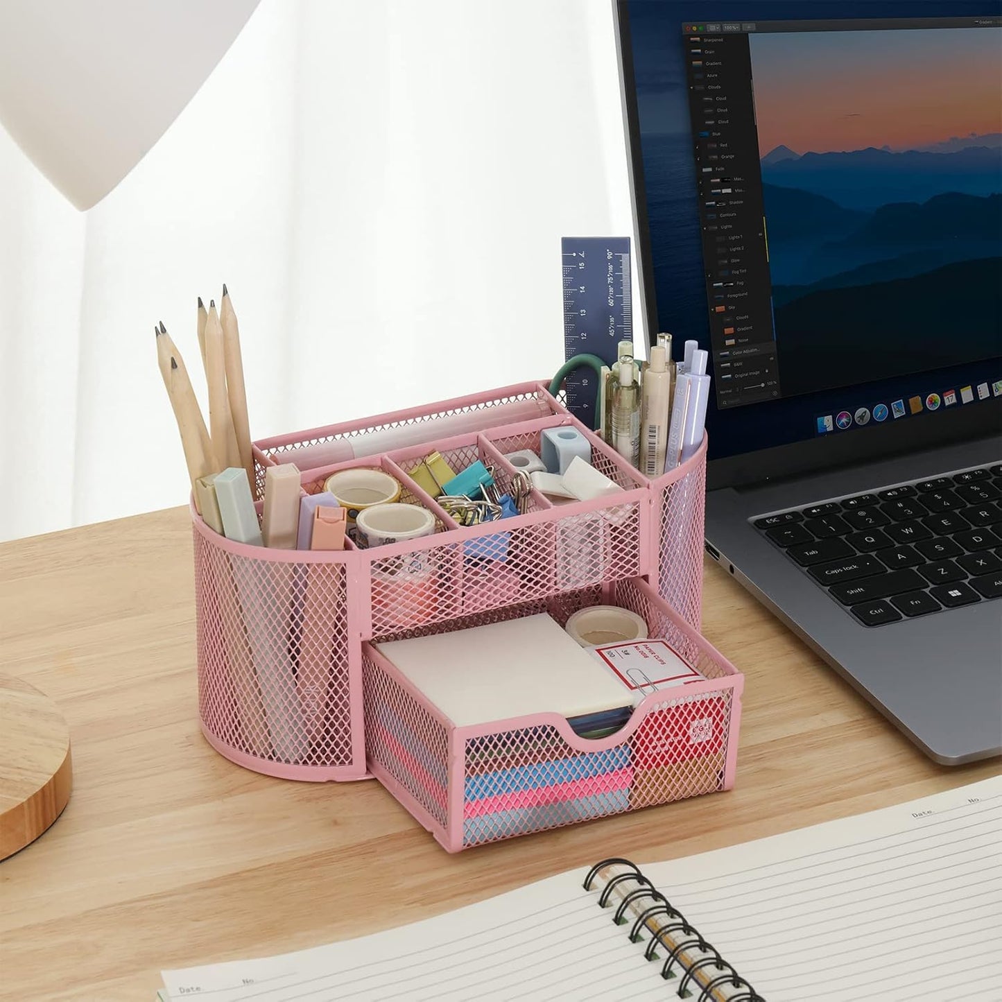 DHGKVK Desk Organizer, desk pen holder, Mesh Metal Desktop Office Organizer with 8 pen holders and 1 drawer, saves space at home, school, or office. (Pink)