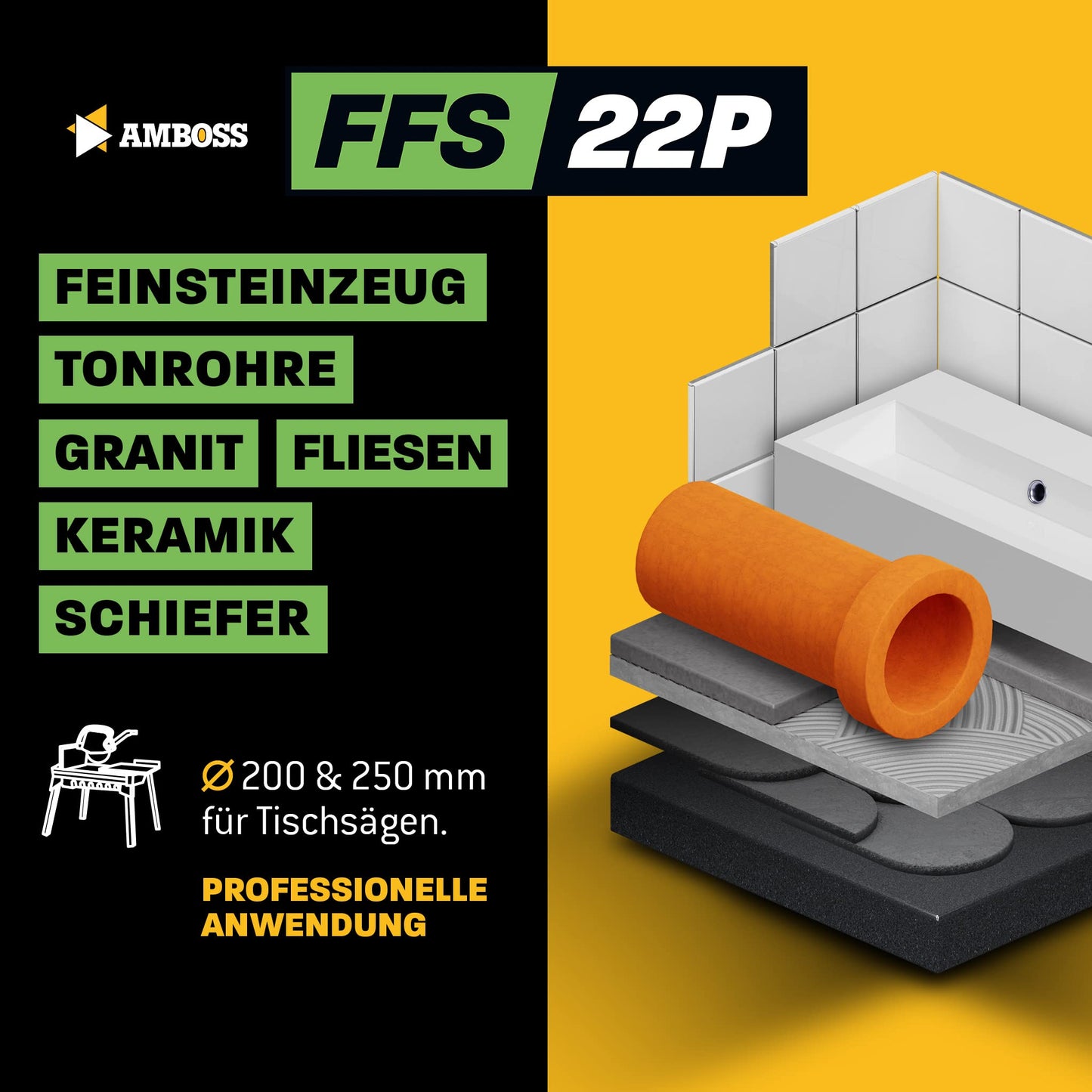 Anvil FFS 22 - Diamond cutting disc Ø 250 mm x 25.4 mm - Hard porcelain stoneware (up to 1.2 cm) / hard granite/slate/tiles/clay pipes/fiberglass | Segment height: 10 mm