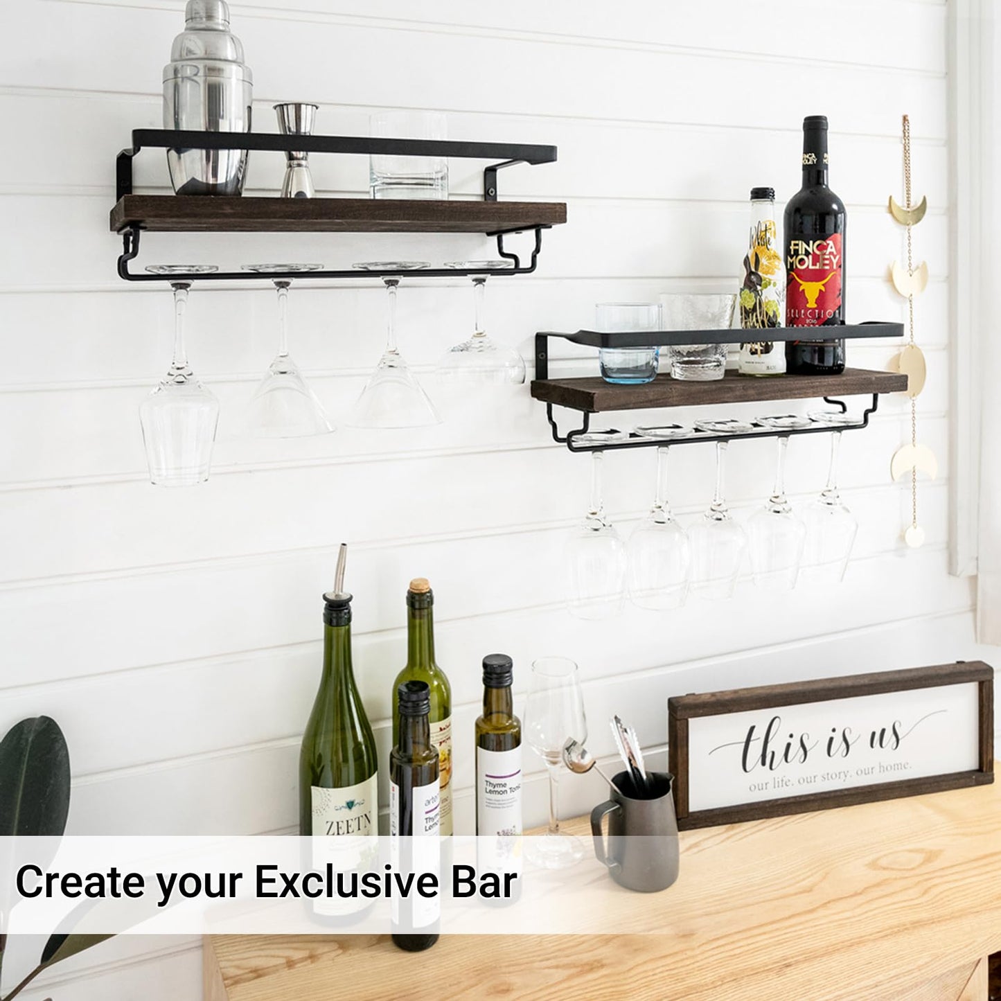 Mkono Wall Mounted Wine Racks 2 Pack Wood Rustic Wine Bottle Glass Floating Shelves with Stemware Holder Modern Wine Display Storage Holders for Kitchen Dining Room Bar