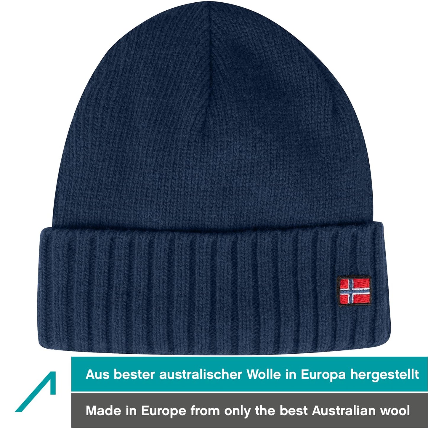 ACE Norway winter hat made from sheep wool - warm knit hat for women & men - soft woolen hat for adults - dark blue