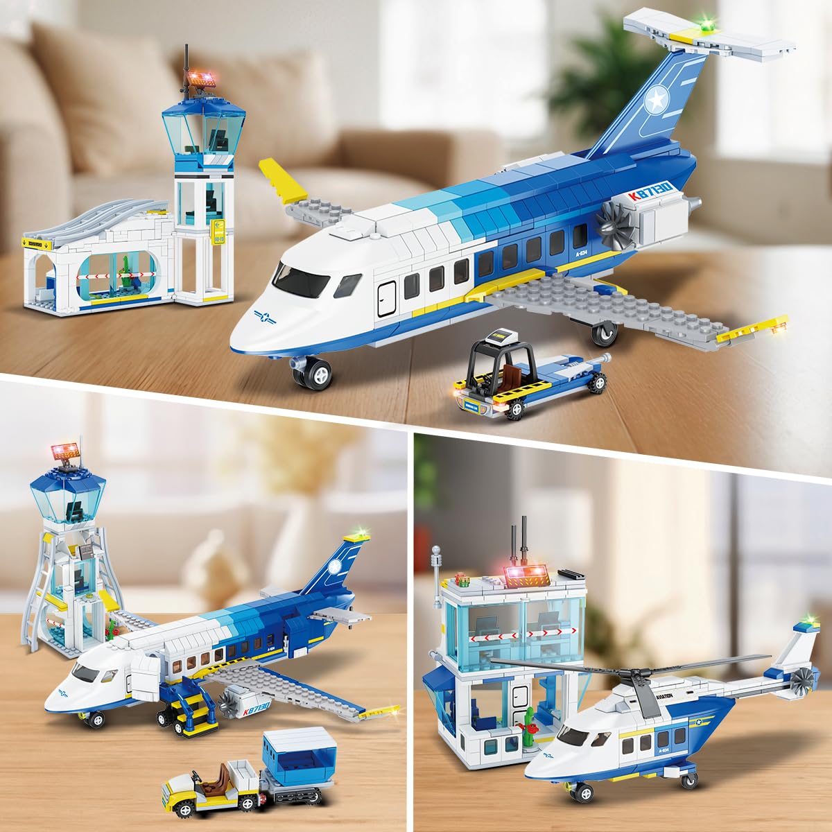 CUBIMANA City Passenger Plane Building Set, 3 IN 1 airplane building set with terminal, radar tower, luggage cart. Aircraft model building blocks toy gift for boys, girls, kids 6, 7, 8, 9+ years old.