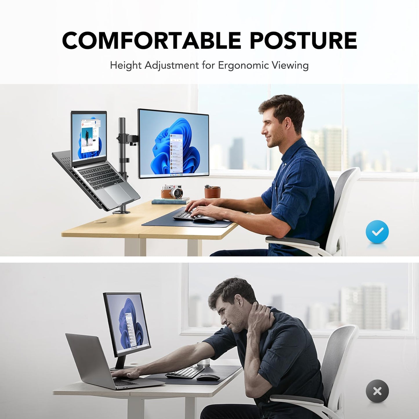 HUANUO monitor mount with laptop arm, monitor laptop mount for 13-32 inch screen mount 1 monitor & 17 inch notebook, VESA 75/100.