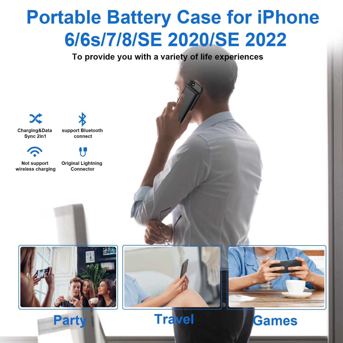 JUBOTY 6800mAh battery case for iPhone 6/6S/7/8/SE 2020/SE 2022, high capacity, portable charging case, extended battery, rechargeable phone battery charger, 4.7 inches (black)