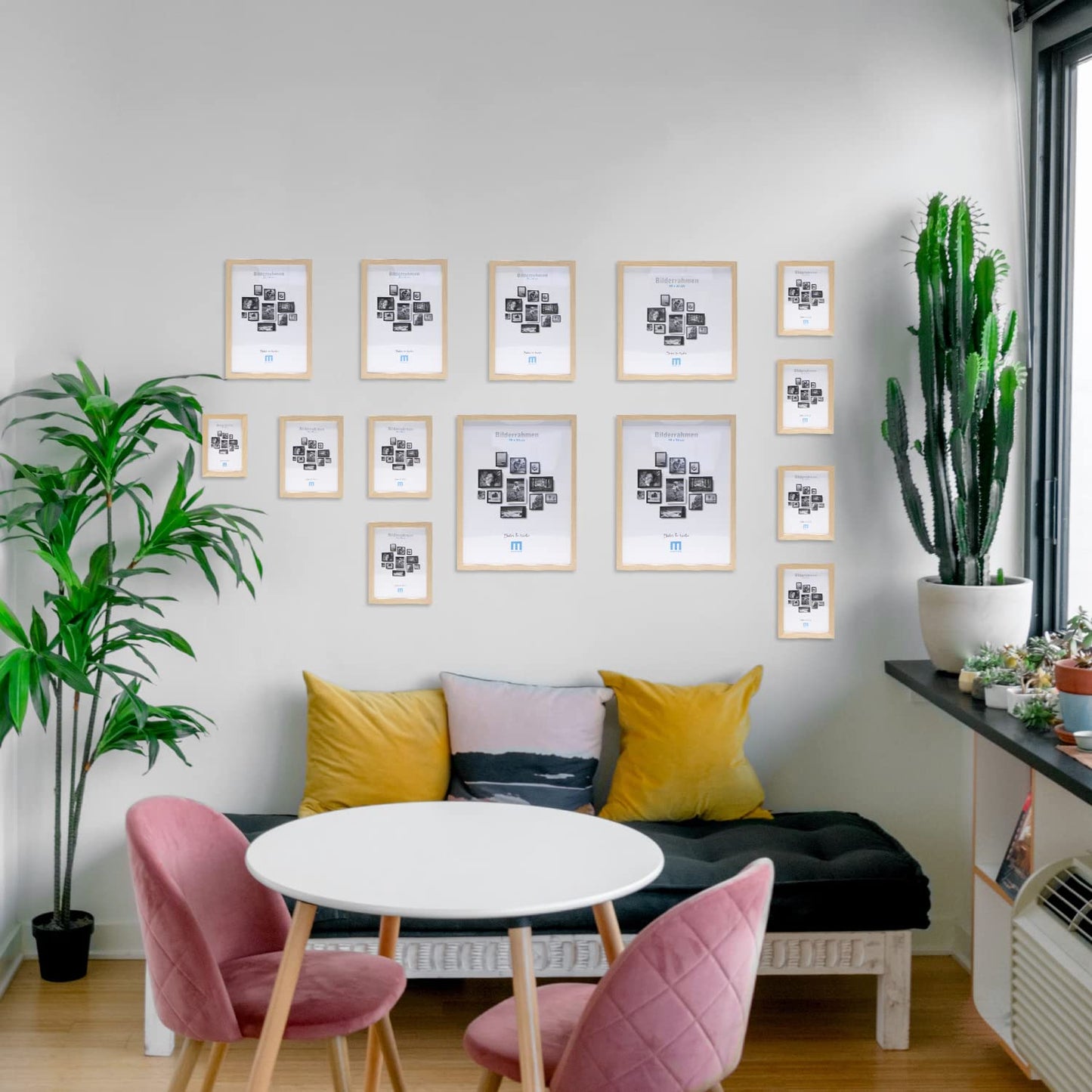 14-piece photo frame set in natural wood look in various sizes. Perfect for creating photo walls with a mix of portrait and landscape frames. Suitable for photos ranging from 10x15 to 30x40cm.