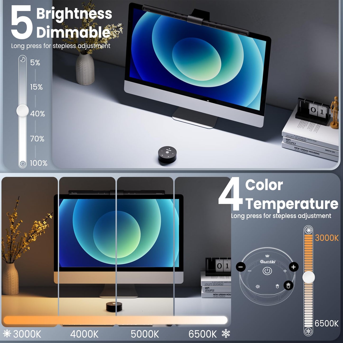 Quntis computer monitor lamp LED with remote control & touch control, 40cm monitor light bar with anti-blue light, screen lamp USB with auto-dimming, PC office lamp