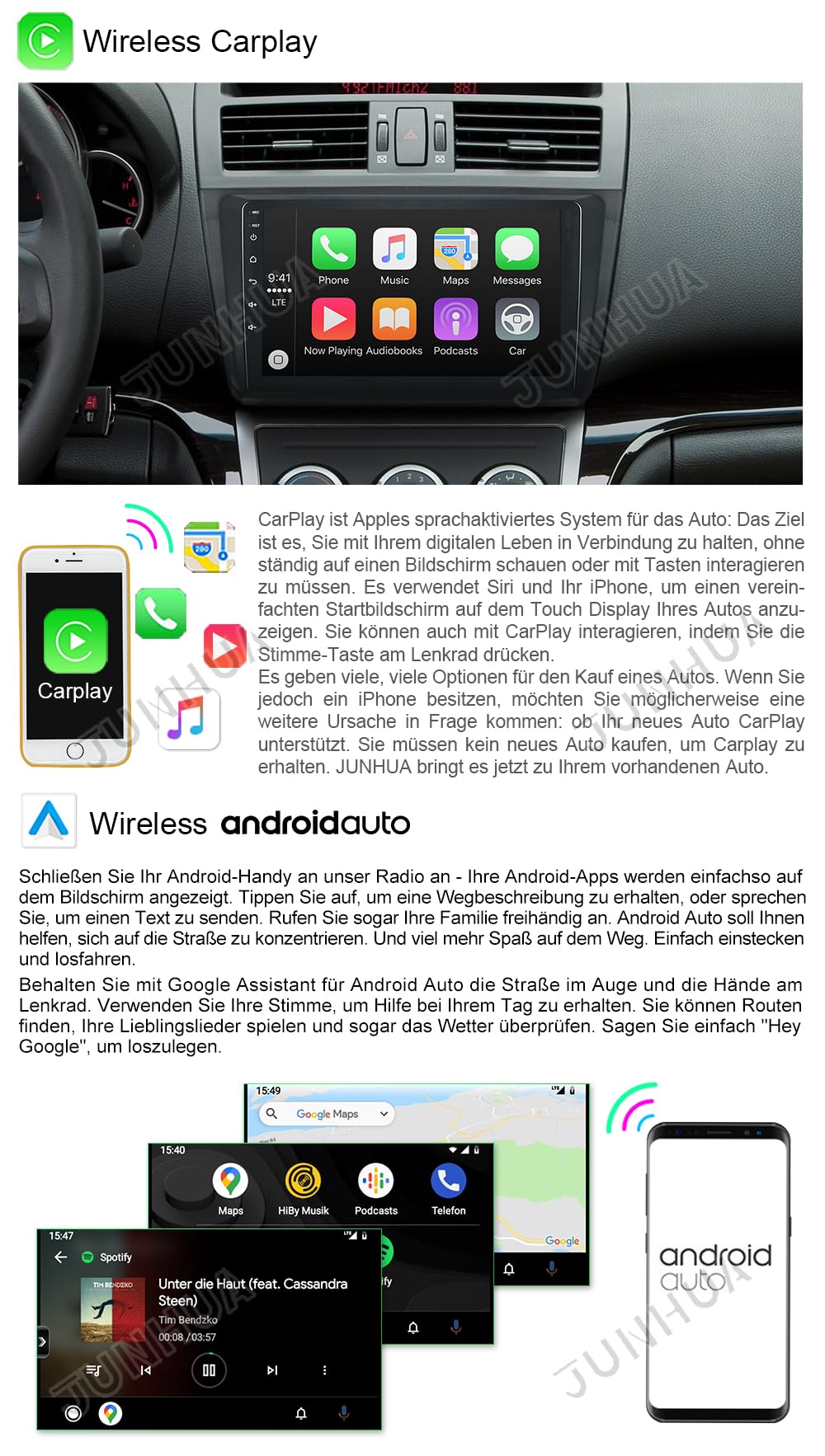 JUNHUA Android 12 car stereo for Mazda 6 GH1 GH2 2007-2013, 2G RAM+32G ROM, low-end model with 1280x800 9-inch touchscreen. Features Wireless CarPlay, Android Auto, Bluetooth, WiFi, USB, GPS.