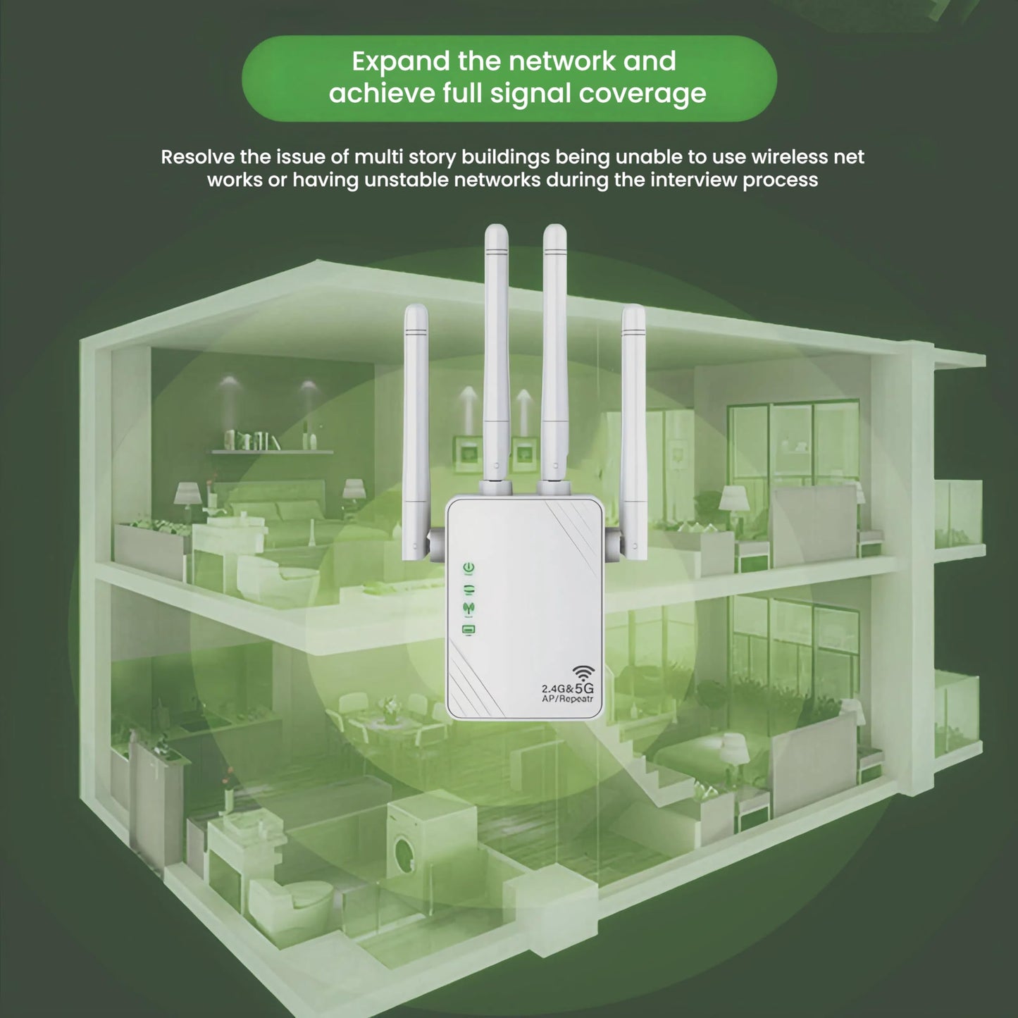 AILKIN WiFi Repeater, 1200 Mbps, Dual Band 2.4G/5G, Wi-Fi Extender, 4 antennas, Wi-Fi amplifier, suitable for home office, WiFi signal extension, internet amplifier - Ethernet port