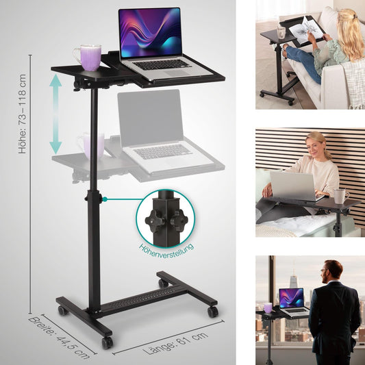 ELONEO maxVitalis mobile overbed table on wheels, standing table with adjustable height/width, tiltable/foldable tabletop, bedside table for hospital bed, nursing bed, laptop table (Black)