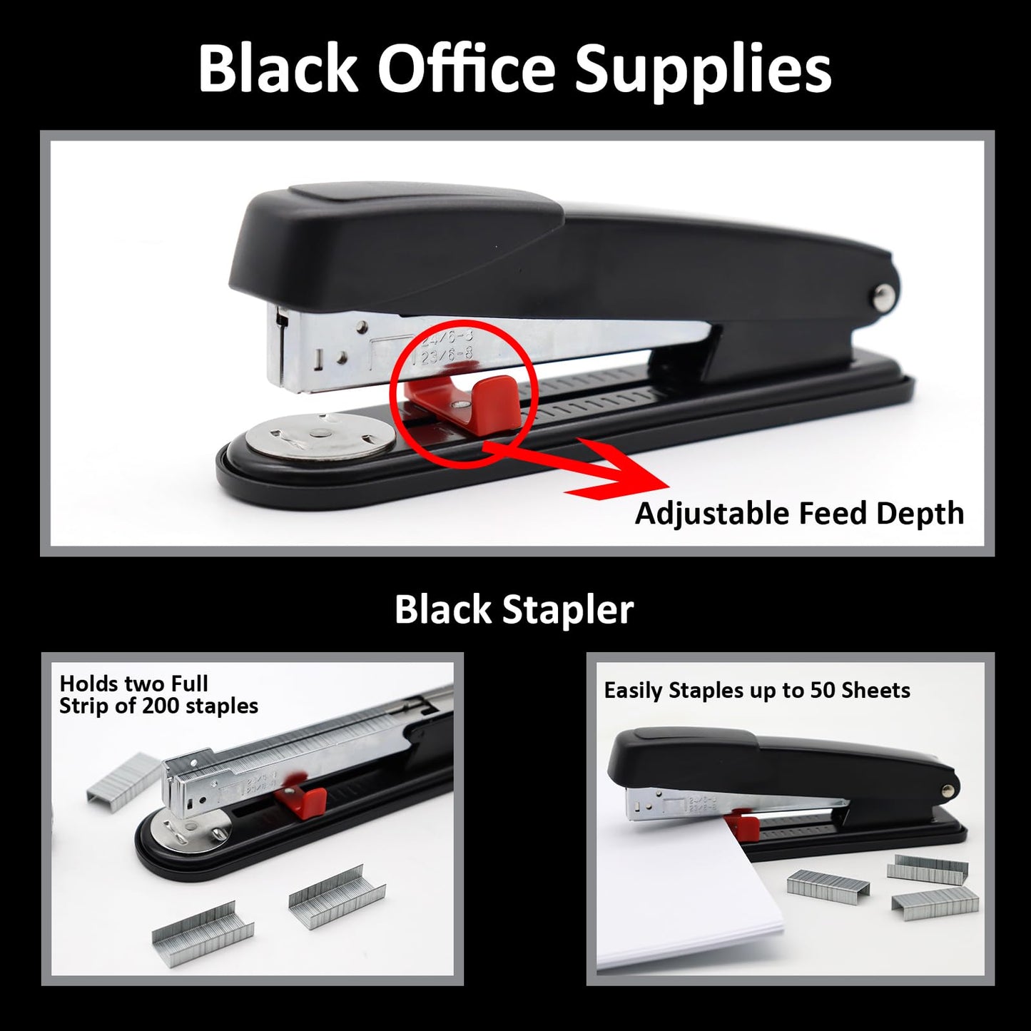 Black office supplies, black desk accessories, stapler and tape dispenser set with large stapler, tape dispenser, staple remover, staples, clips, scissors, and tabs.