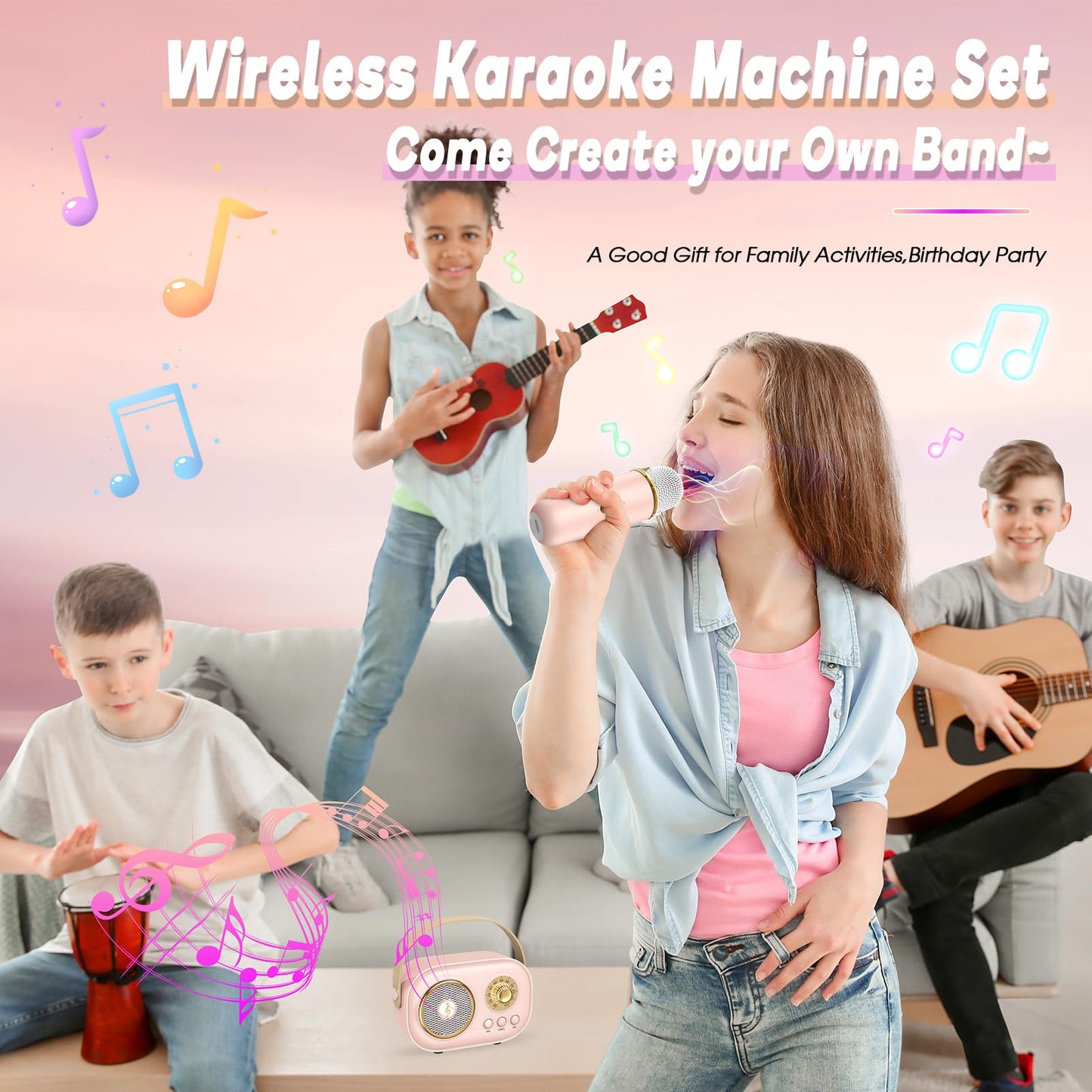 Dislocated Bluetooth Microphone Karaoke Children, Excellent Music Toy for Girls 4-12 Years Kids1 (Pink)