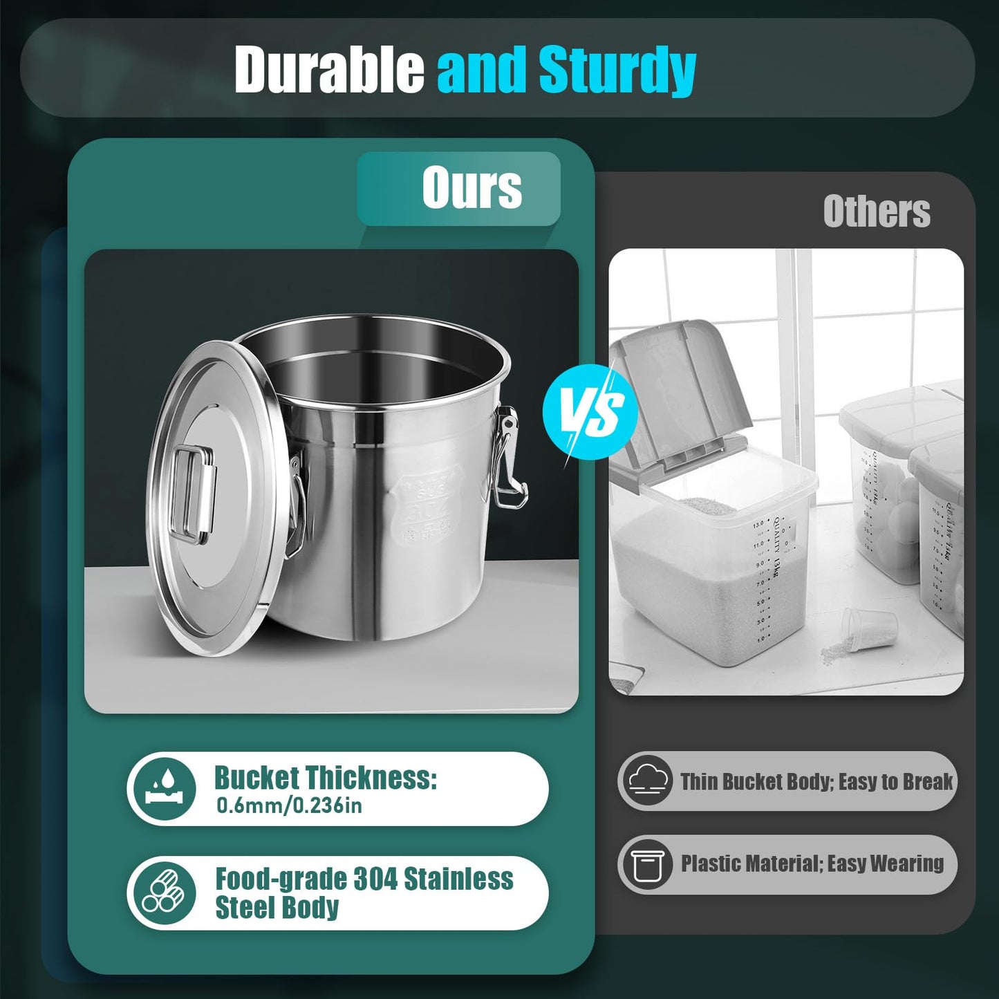Acesunny airtight canister made of stainless steel kitchen cereal container grain container kitchen stainless steel bucket flour container kitchen bucket with lid (12L)