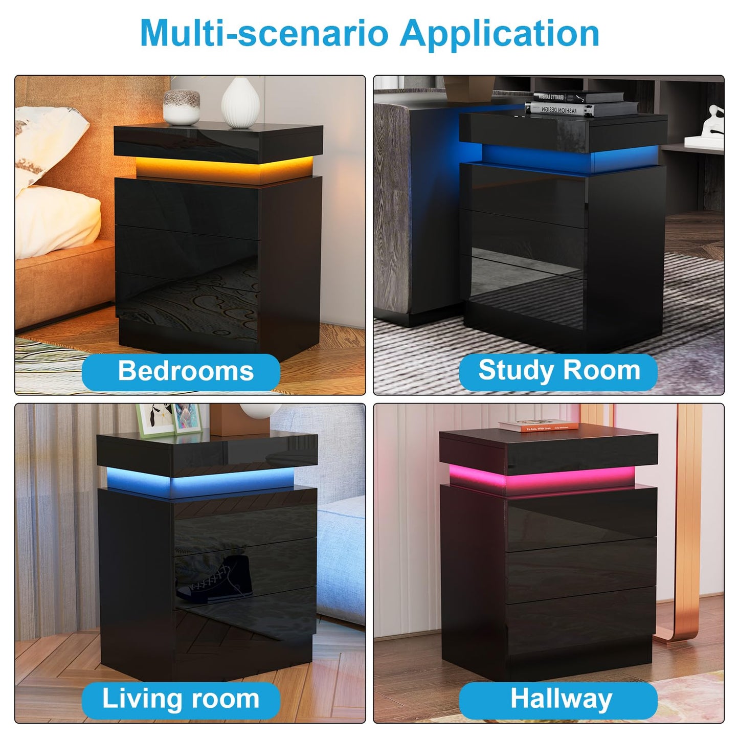 Lvhcmfohm Black Nightstand with LED Light, Bedside Table with 3 Drawers and 16 Color Illumination (45x35x61cm)