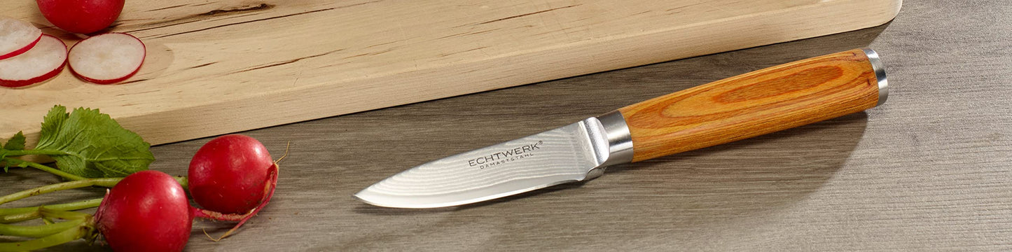 3-piece Genuine Damascus Knife Set, Kitchen/Chef's Knife, Serrated Bread Knife, Paring/Vegetable Knife, Damascus Steel, ergonomic Pakka Wood handles, Brown/Silver, Storage Box included.