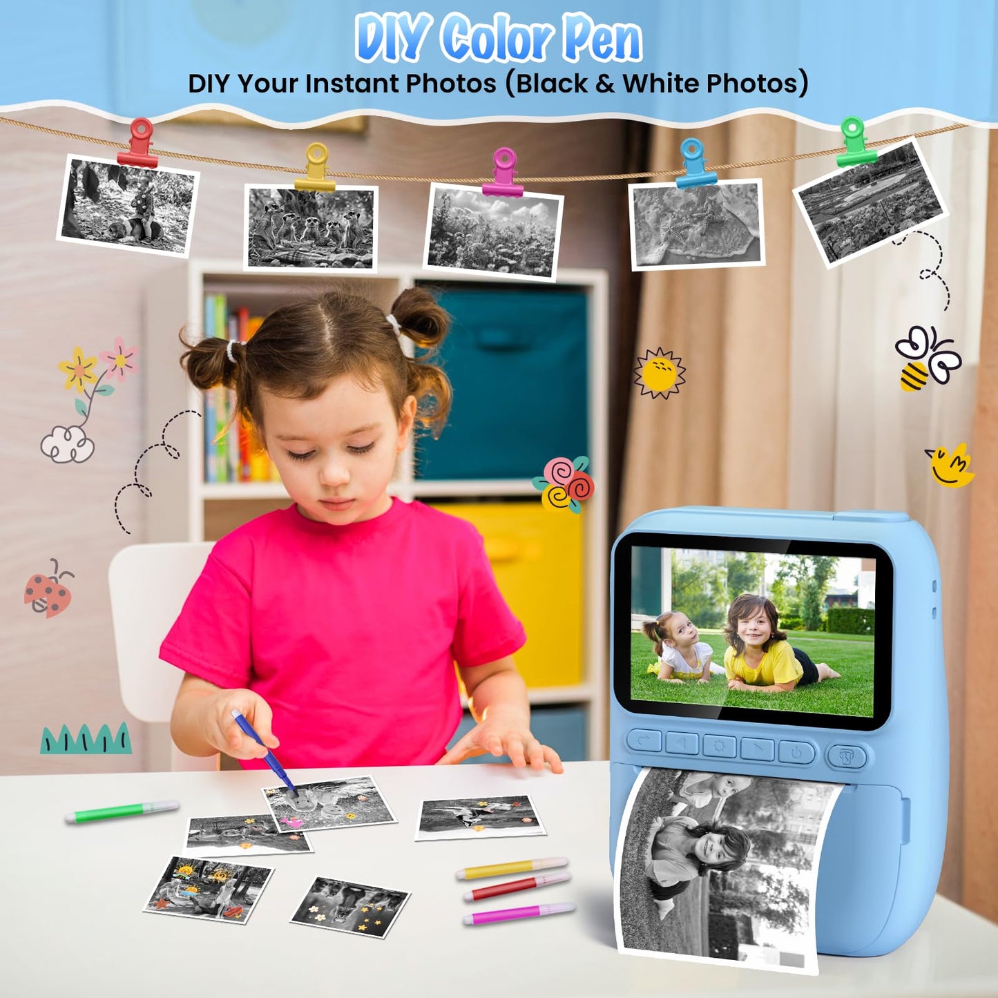 Gofunly Instant Camera for Kids, 3.0 inch Screen Kids Camera with 32GB Card & Printing Paper, 14MP/1080P Kids Instant Print Camera, Gift for 3-12 Years (Blue)
