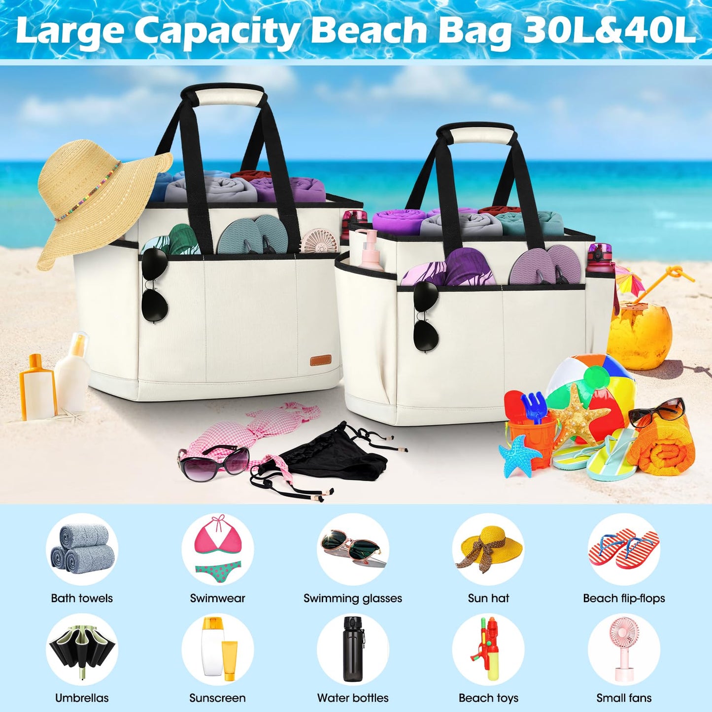 Lubardy Beach Bag XXL Family Large Beach Bag Women Beach Bag XXL Shopper Women Large with Zipper Waterproof 40L Multiple Pockets for Beach Travel Swimming Gym 40L Beige