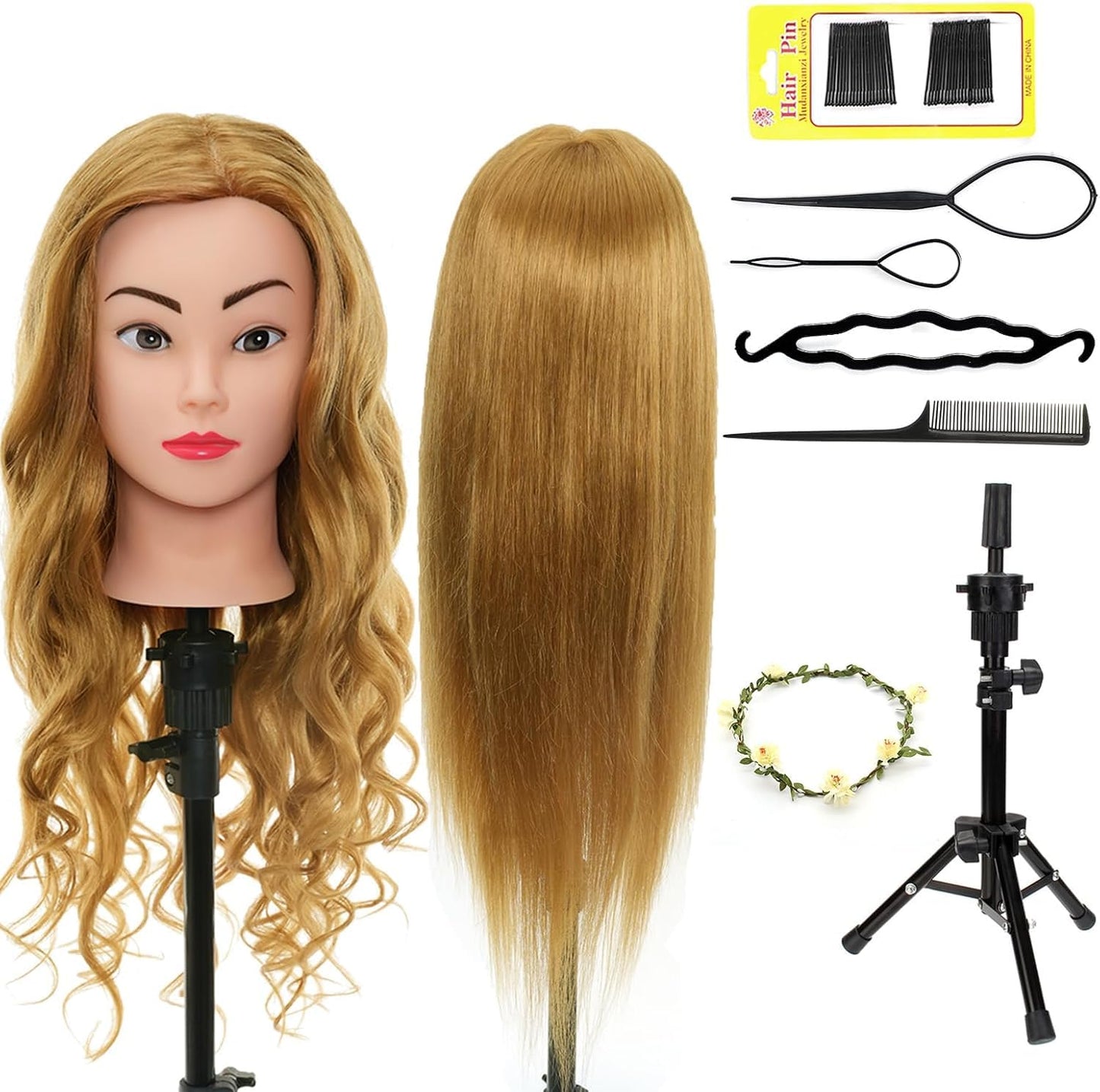 Neverland 24" Mannequin Head Hairdresser with Stand 60% Real Hair Hair Practice Head Doll Head Hairdresser Head Training Head With Holder + Hair Styling Braid Set #27
