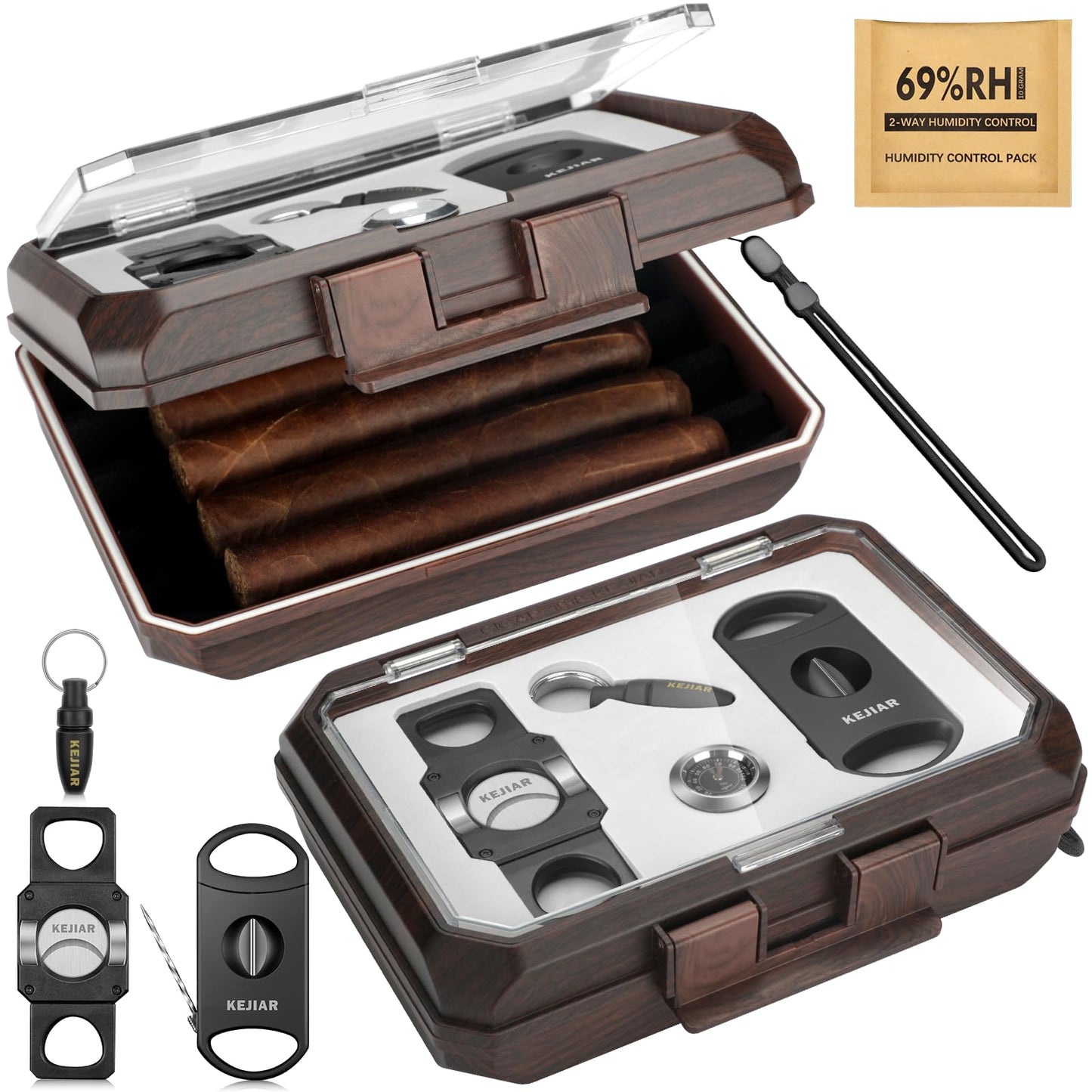 KEJIAR Cigar Humidor Set Travel Humidor for Cigars Includes 2 multifunctional cigar cutters, cigar punch, humidity pack, hygrometer, cigar box Cigar box Gifts for Men