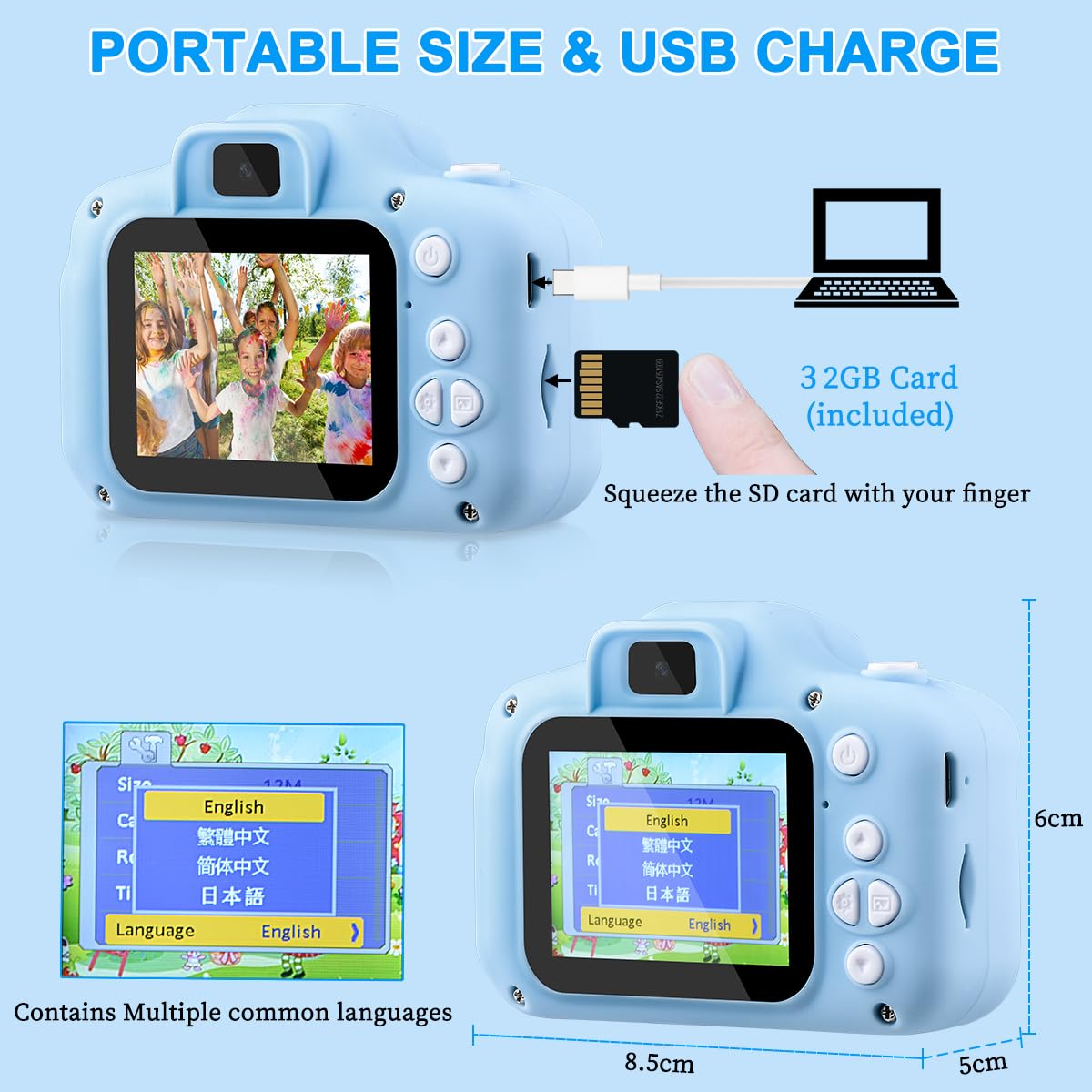 GREPRO kids Camera, 2.0” Display Digital Camera Gifts for 3 4 5 6 8 7 9 Year Old Boys and Girls, 1080P HD Anti-Drop Children's Camera for Christmas Toy Blue
