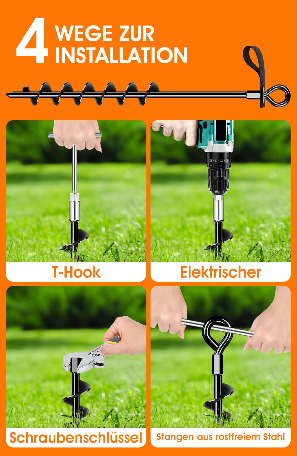 Heavy-duty ground anchor 27 inches, sturdy fully screwed earth anchor with straps for securing trampolines, awnings, swings etc.