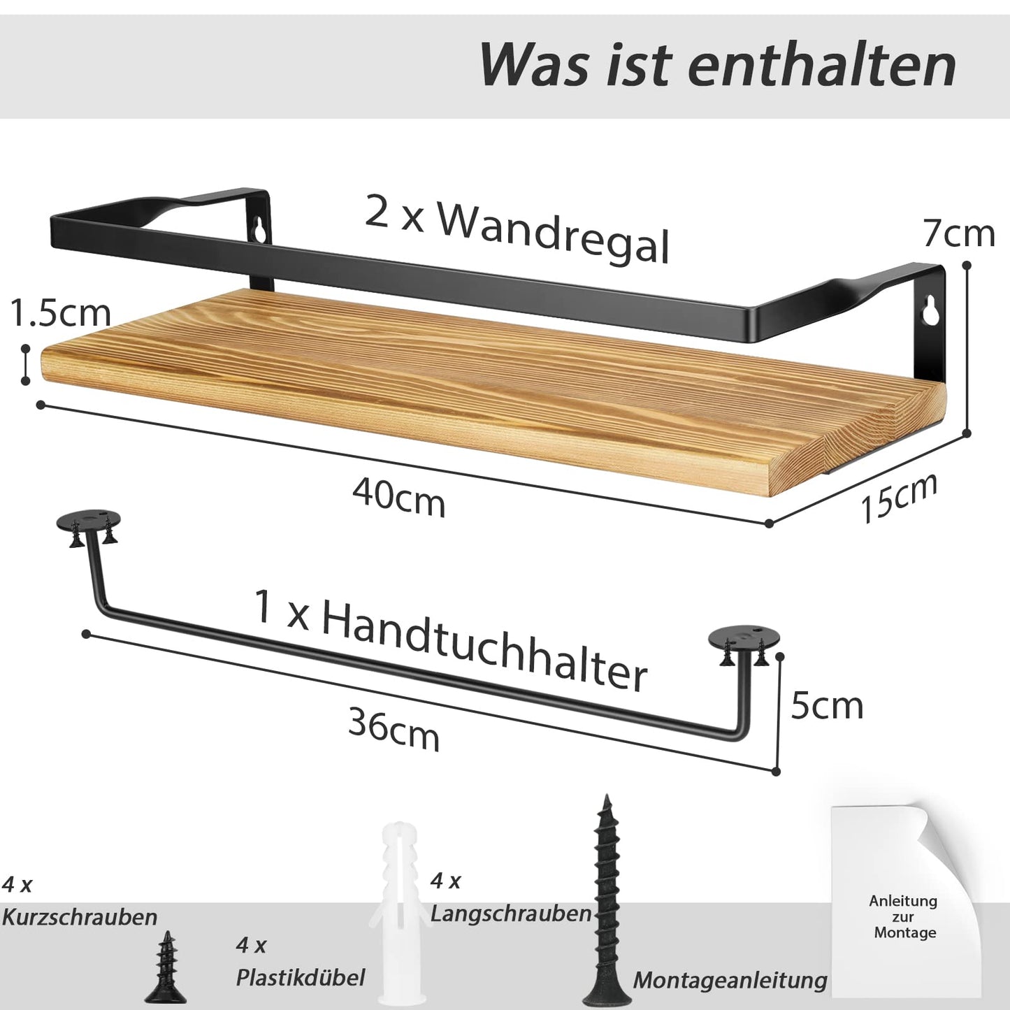 DifferTemp wooden wall shelf with towel holder, hanging shelf, spice rack, bathroom wall shelf, set of 2 wooden wall shelves, 40cm.