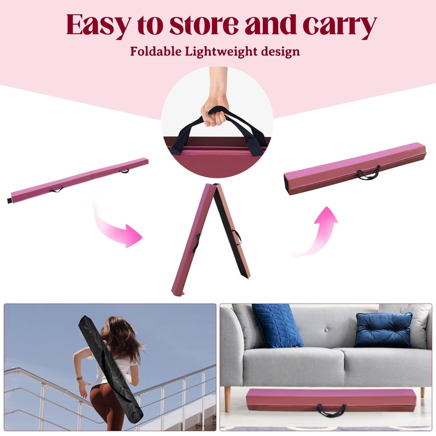 SportBob Balance Beam for Kids, foldable gymnastics beam 300cm PU leather balance beam for home training. Suitable for children's fitness and gymnastics.