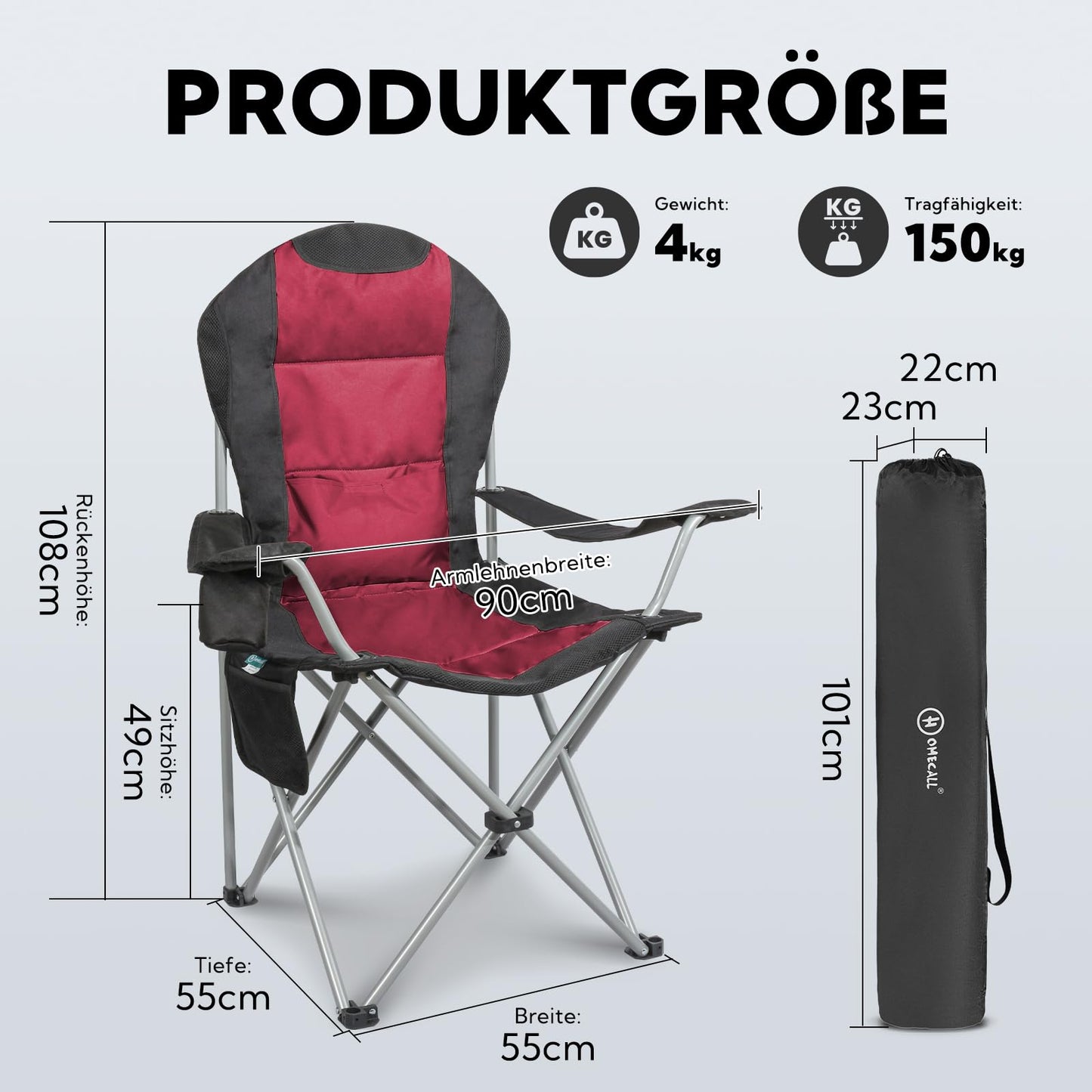 Homecall Camping Chair Foldable 150kg Load-bearing Camping Chair High-back 108cm with Lumbar Support, Padded Folding Camping Chair Fishing Chair Foldable for Garden Picnic (Red - 2 pieces)