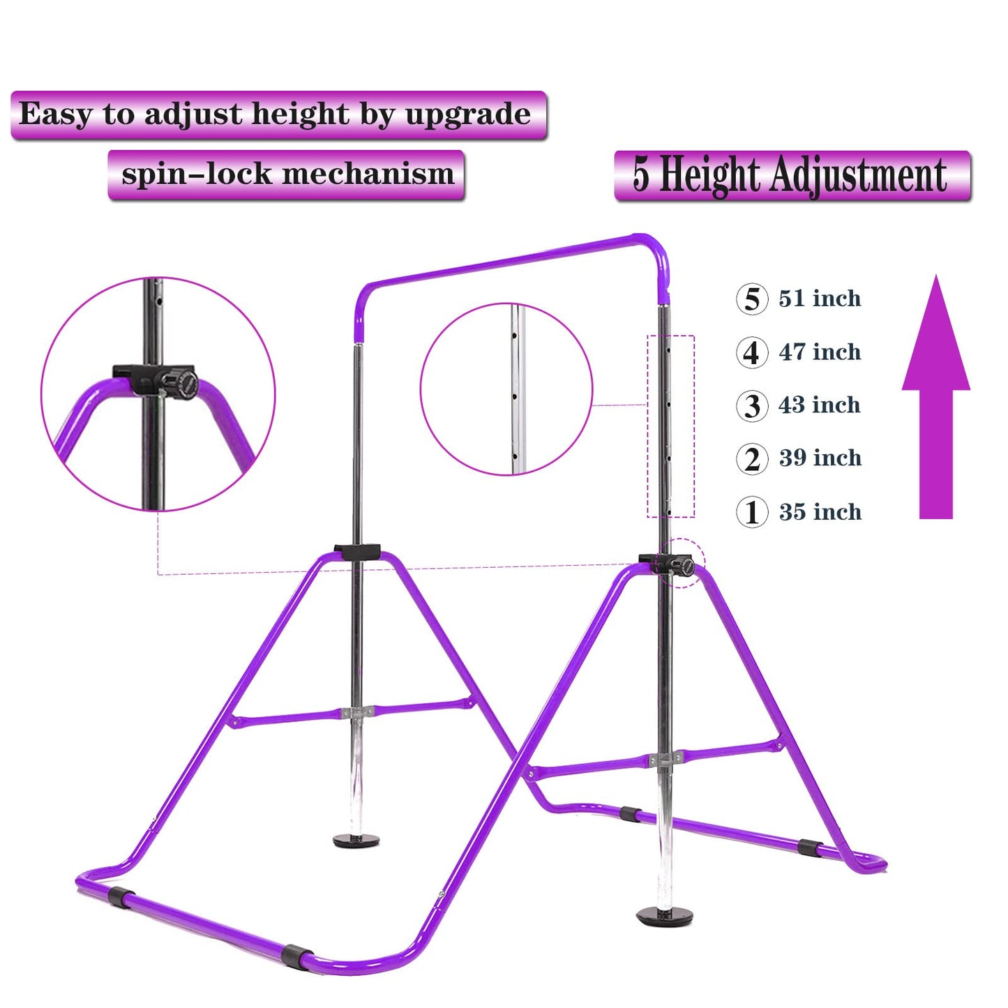 FINGER TEN Kids Gymnastics Bar, Horizontal Kip Bar Foldable Gymnastics Training Equipment 4 Heights Adjustable Horizontal Bars, Gymnastics Bar for Indoor Outdoor Home (Purple)