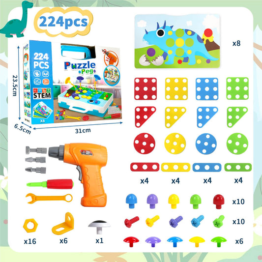 Toys for 3 years and up mosaic building set with electric drill screws building game kids tool Montessori toy puzzle for 3 years and up screwdriver gifts for 3-4 year old boys 224 pieces.