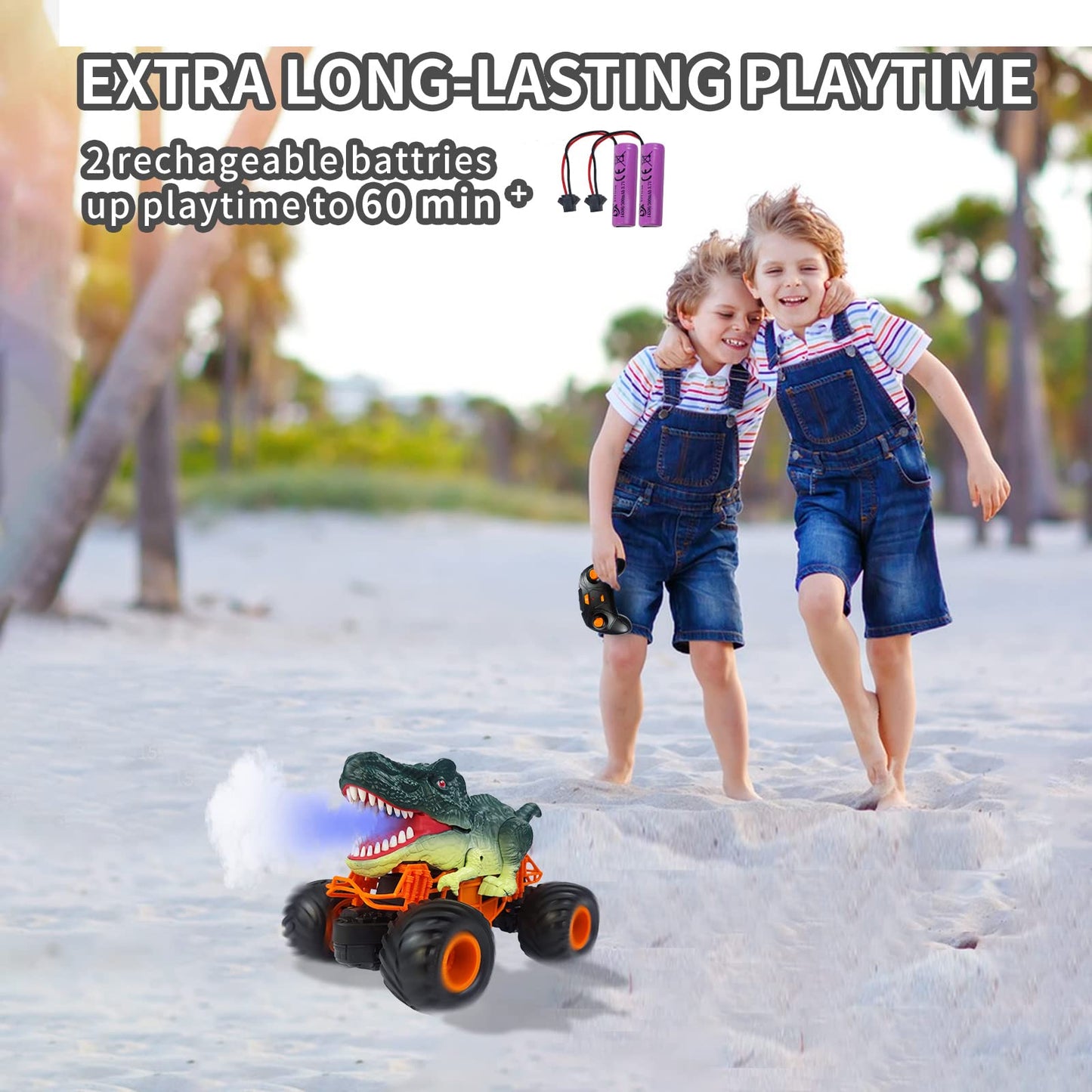 BOBOTATA Remote Control Car Kids Monster Dinosaur Truck Toy for Ages 3 4 5 6 7 8+, 2.4 GHz with Lights, Sounds, Spraying, All Terrain RC Cars Toy Gifts for Boys Girls