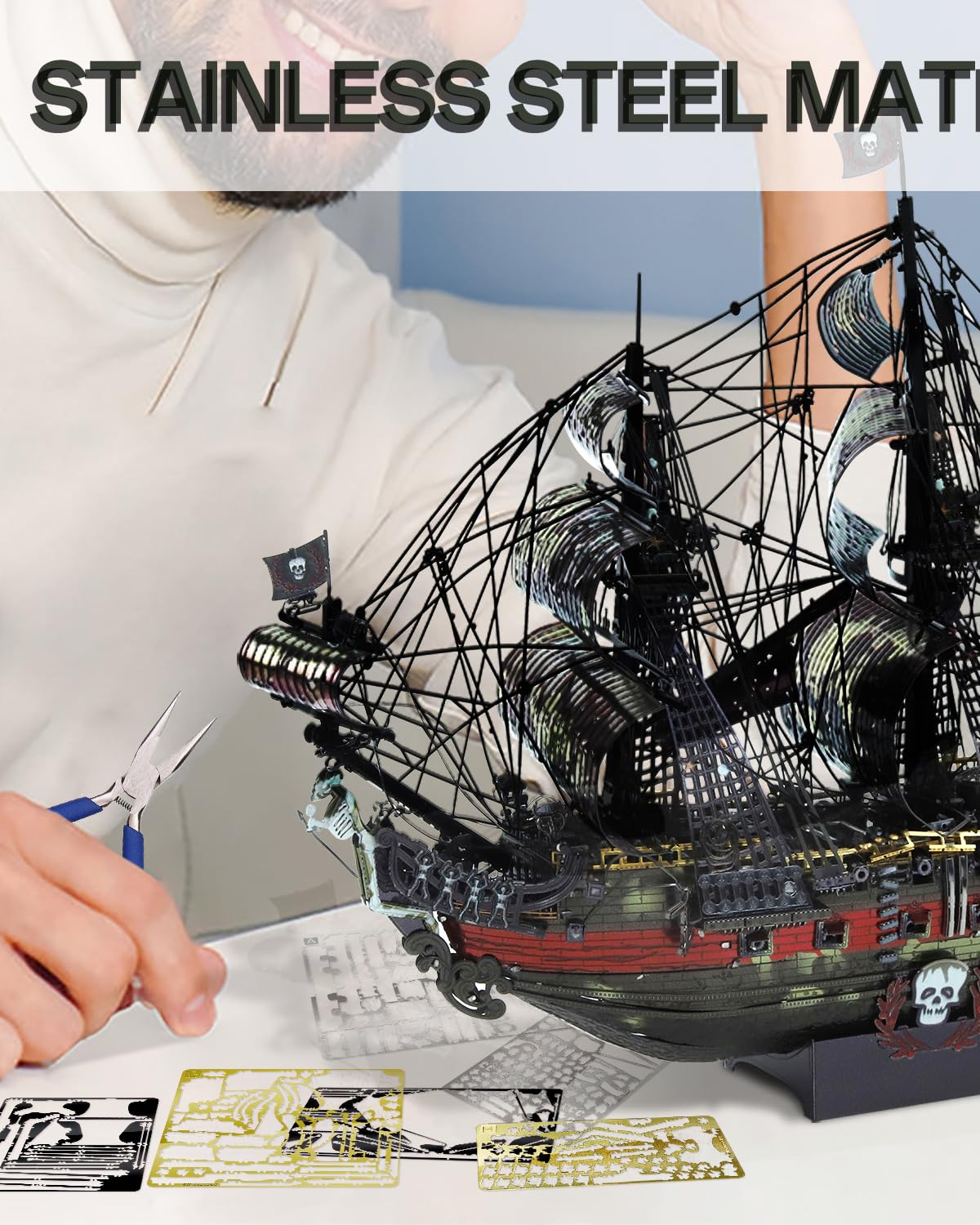 Piececool 3D Metal Puzzle Pirate Ship Queen Anne's Revenge, 3D Metal Puzzle Sailboat Ship Set, Model Ship for 340 stainless steel, Birthday Gift, Model Building Kit for Adults, 439 Pieces