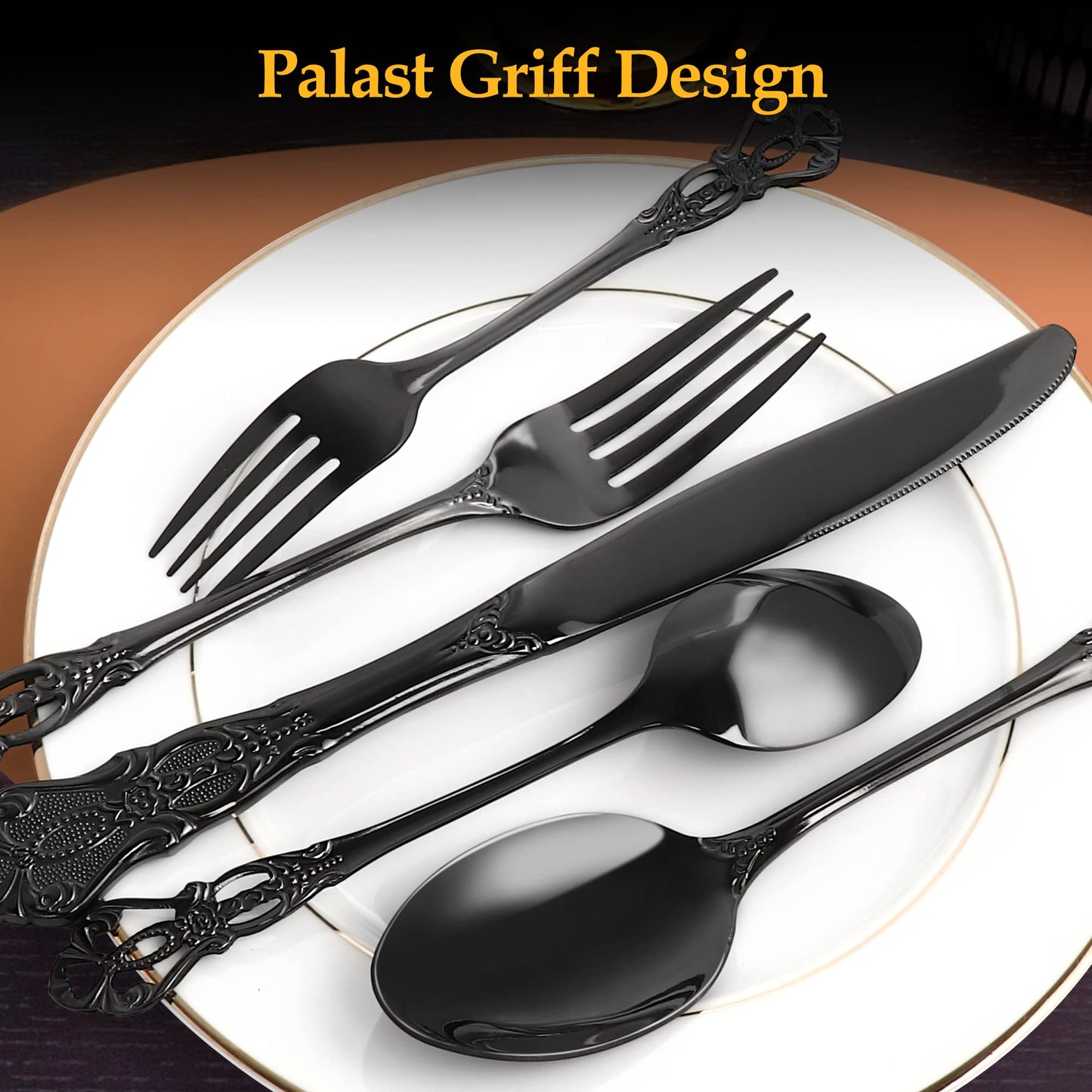 Black Royal 20-piece Cutlery Set, Black Cutlery Set for 4 made of stainless steel, Royal Black Cutlery Knife and Fork Set high-gloss polished dishwasher safe for wedding banquet gift.