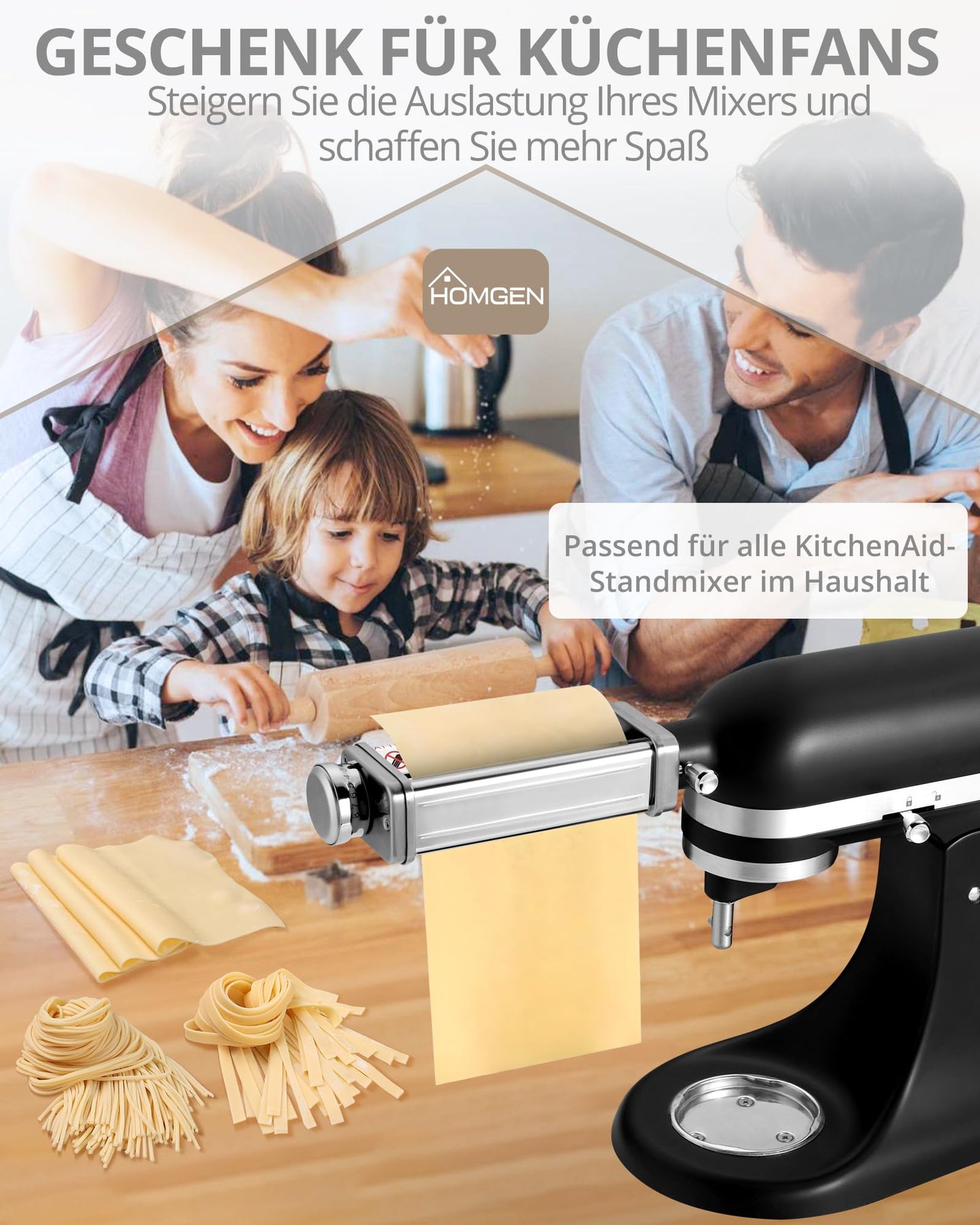 HOMGEN Pasta Attachment Set for KitchenAid stand mixers, including pasta sheet roller, spaghetti cutter & fettuccine cutter. Stainless steel pasta roller accessory with 8 adjustable speeds, 3 parts.