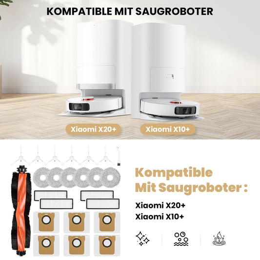 24-piece accessory set for Xiaomi X20+ / X10+ robot vacuum, includes 1 main brush, 6 mopping pads, 6 dust bags, 6 side brushes, 4 HEPA filters, and 1 cleaning tool.