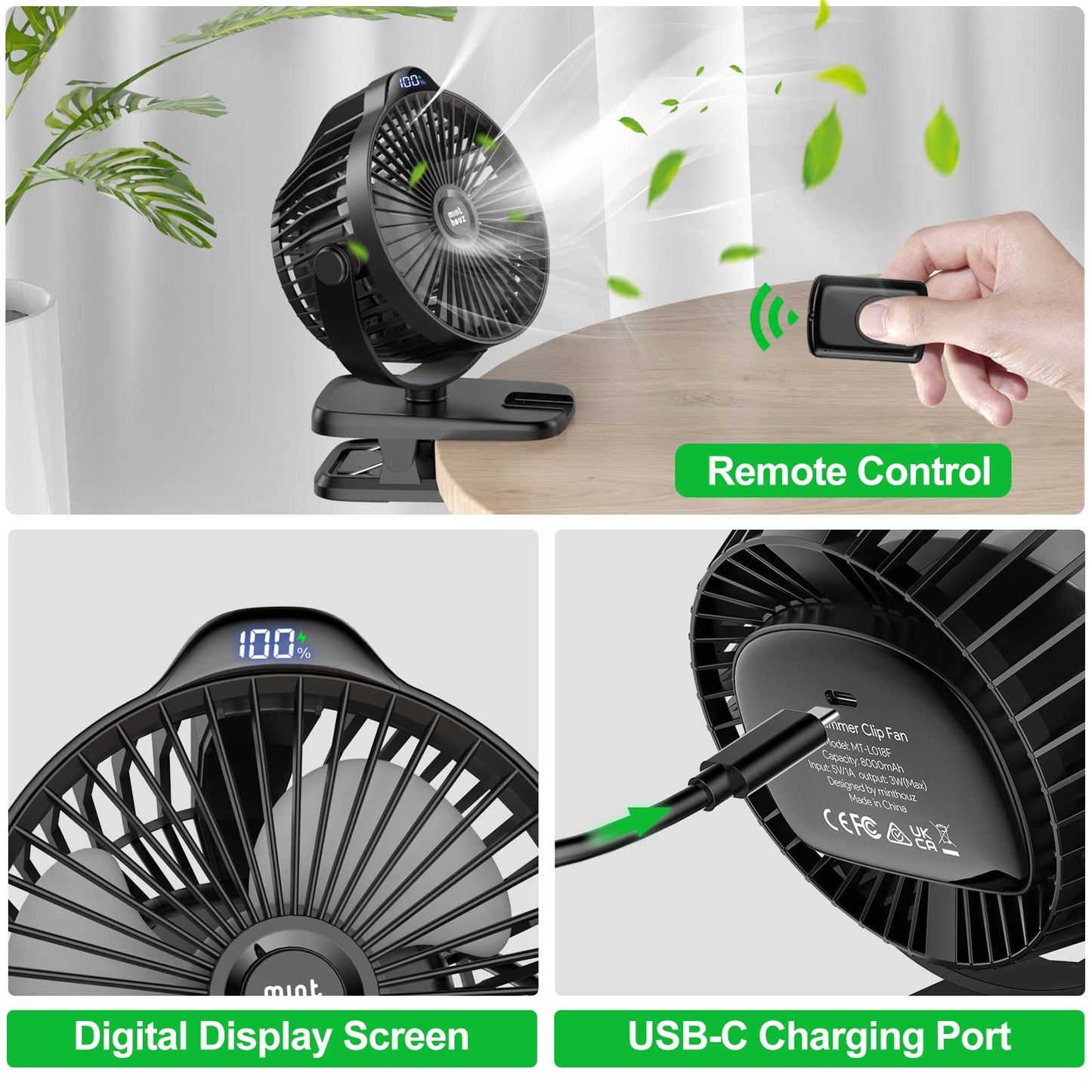 Minthouz Table Fan with Clip, 8000mAh USB Fan, 5 Speeds Portable Mini Fan, Quiet Ceiling Fan Ideal for Outdoor Camping/Stroller/Home/Office