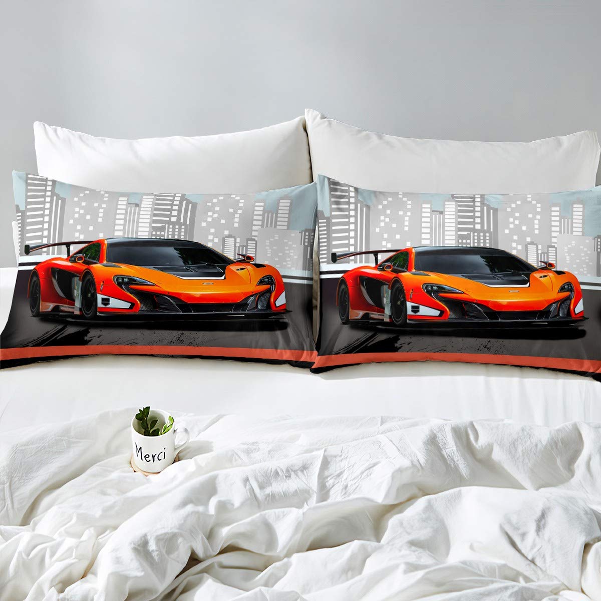Loussiesd bedding 2-piece 135x200 cm bedding set sports car city modern duvet cover set for kids boy soft comfortable microfiber bed set including 1 pillowcase 80x80 cm