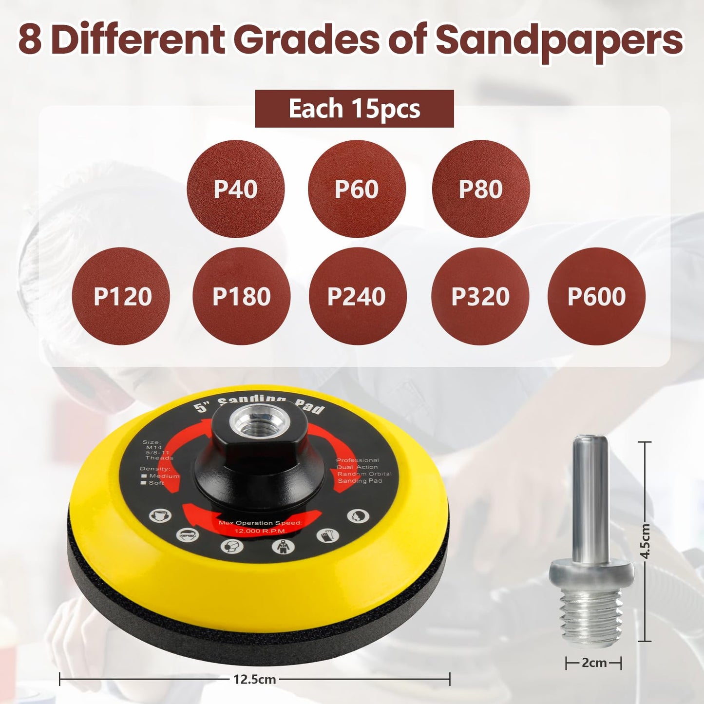 120-piece sanding disc set, 125mm hook and loop for angle grinders, grit 40/60/80/120/180/240/320/600 sanding disc pad kit, sandpaper with M14 grinding disc shaft, polishing pad adapter, buffer pads.