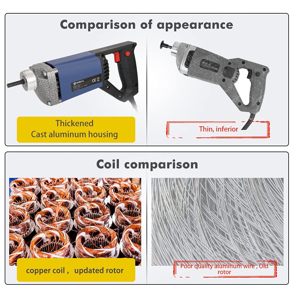 Anbull concrete vibrator, 1300W internal vibrator, bottle vibrator, 2m length concrete compactor, concrete vibrating bottle, mixing shaft speed 4800 rpm, vibration bottle diameter 35mm.