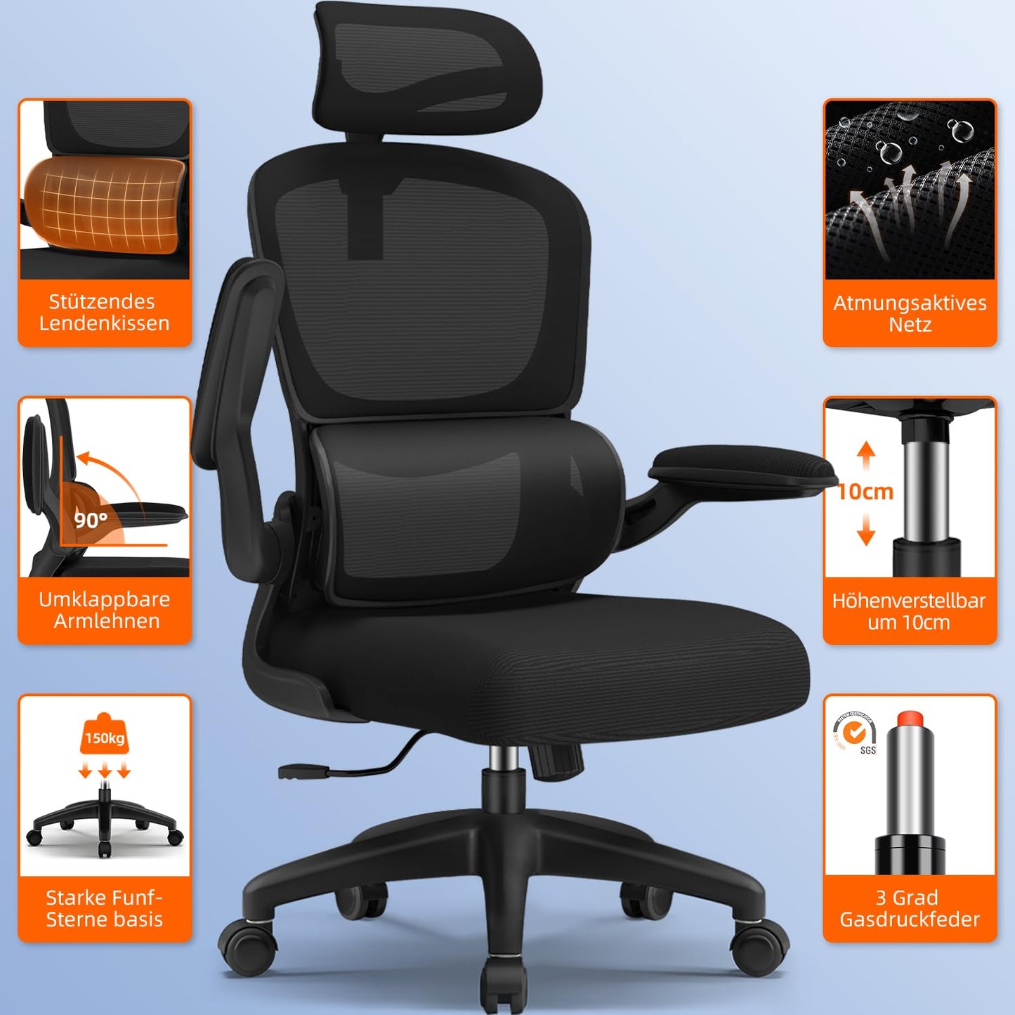 Aiidoits office chair, Ergonomic Office Chair with Adjustable Headrest, Lumbar Support, and Folding Armrests, Executive Chair 150kg, Ergonomic Chair Rocking function up to 135°.