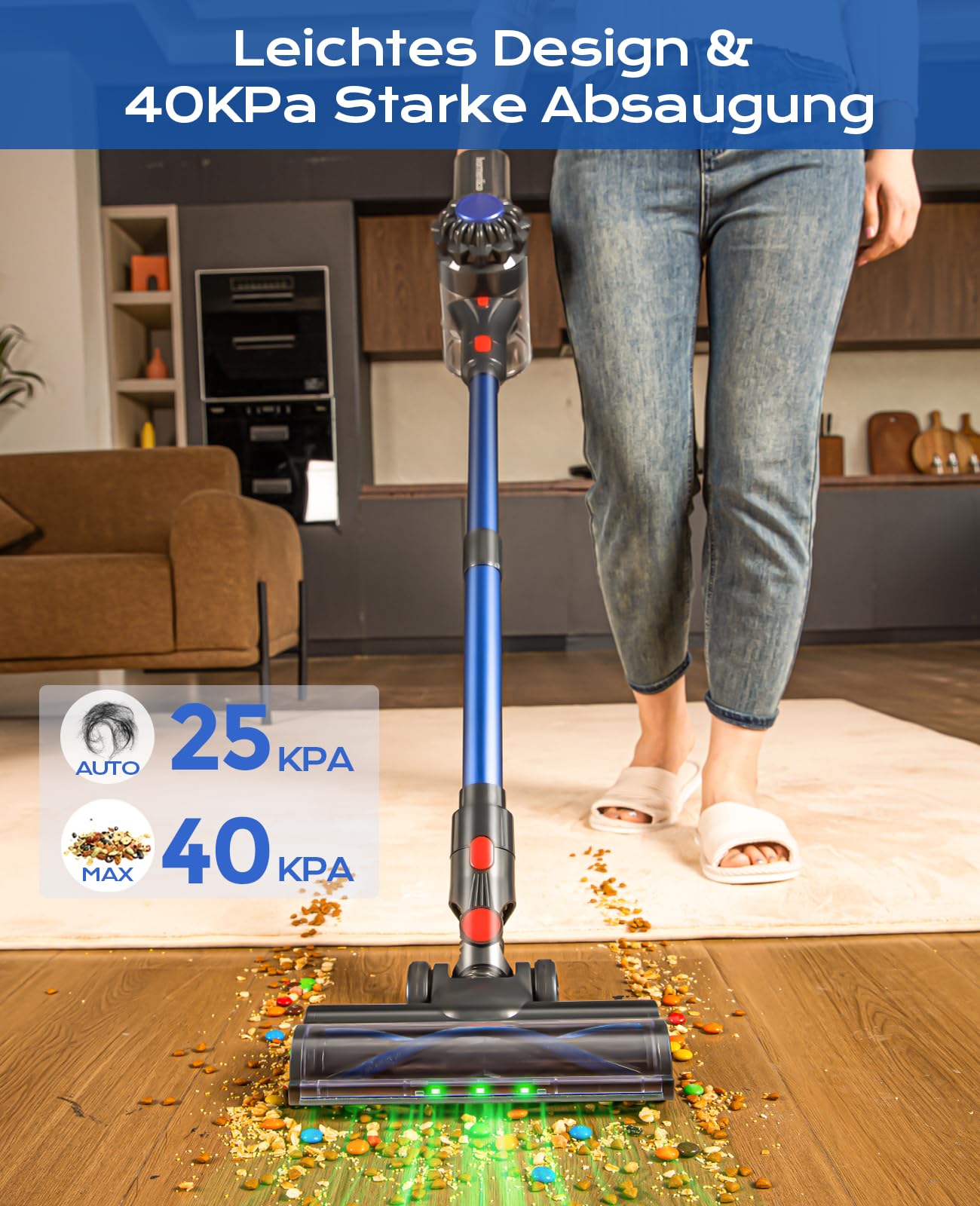 Ivormentico Cordless Vacuum Cleaner 50Mins/40KPA/450W, Battery-Operated Vacuum with Green LED, Cordless Hoover with Upgraded Floor Brush, Vacuum Cleaner Battery for Pet Hair, Blue
