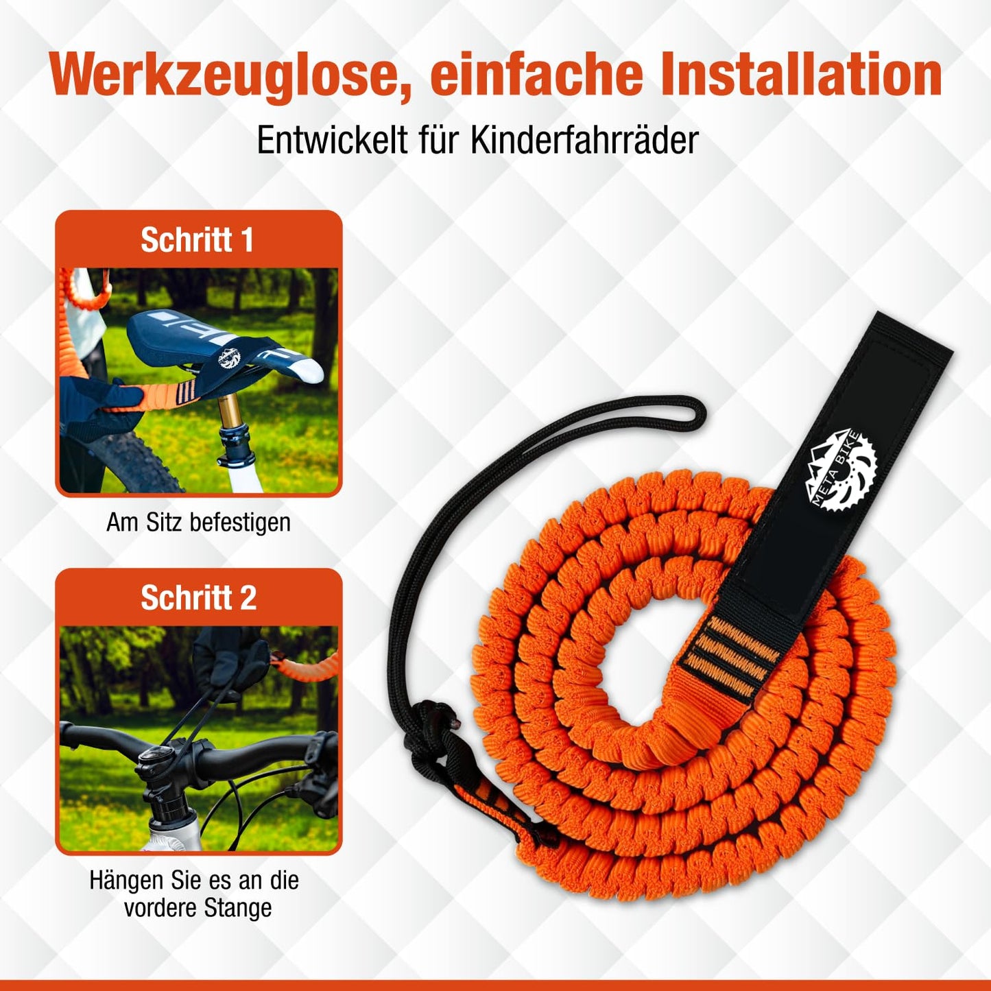 Meta Bike TowKid bike tow rope for kids, 2.5M towing system, traction rope for children & adults, kids' bike, mountain bike, e-bike, Woom MTB.